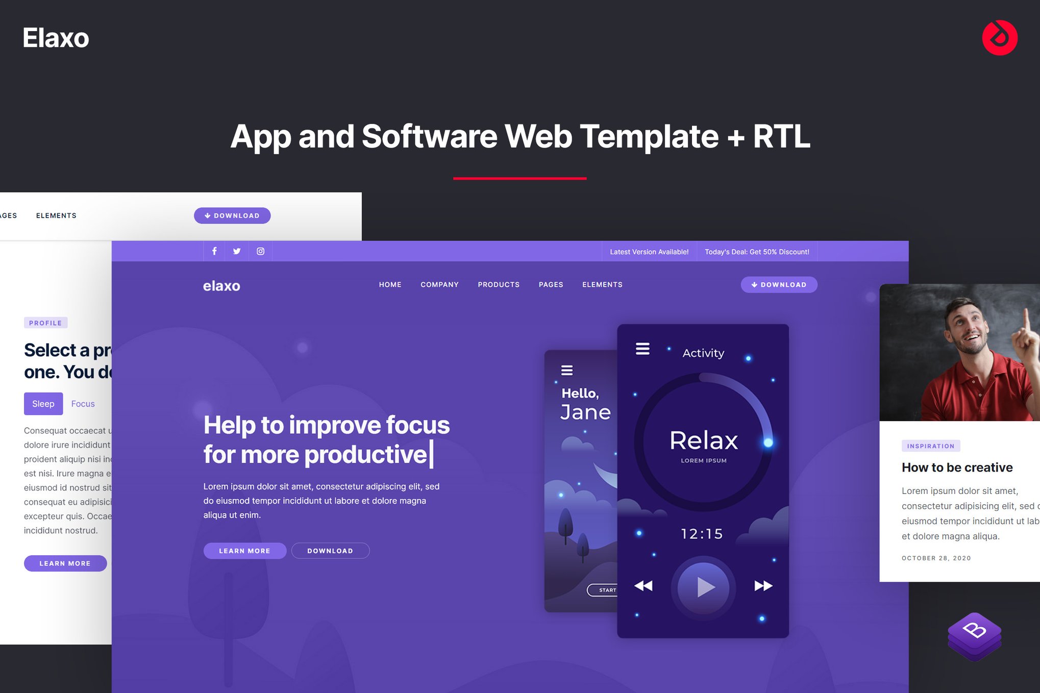 Imagen de portada de App and Software Website Template + RTL - Elaxo (plantilla web)