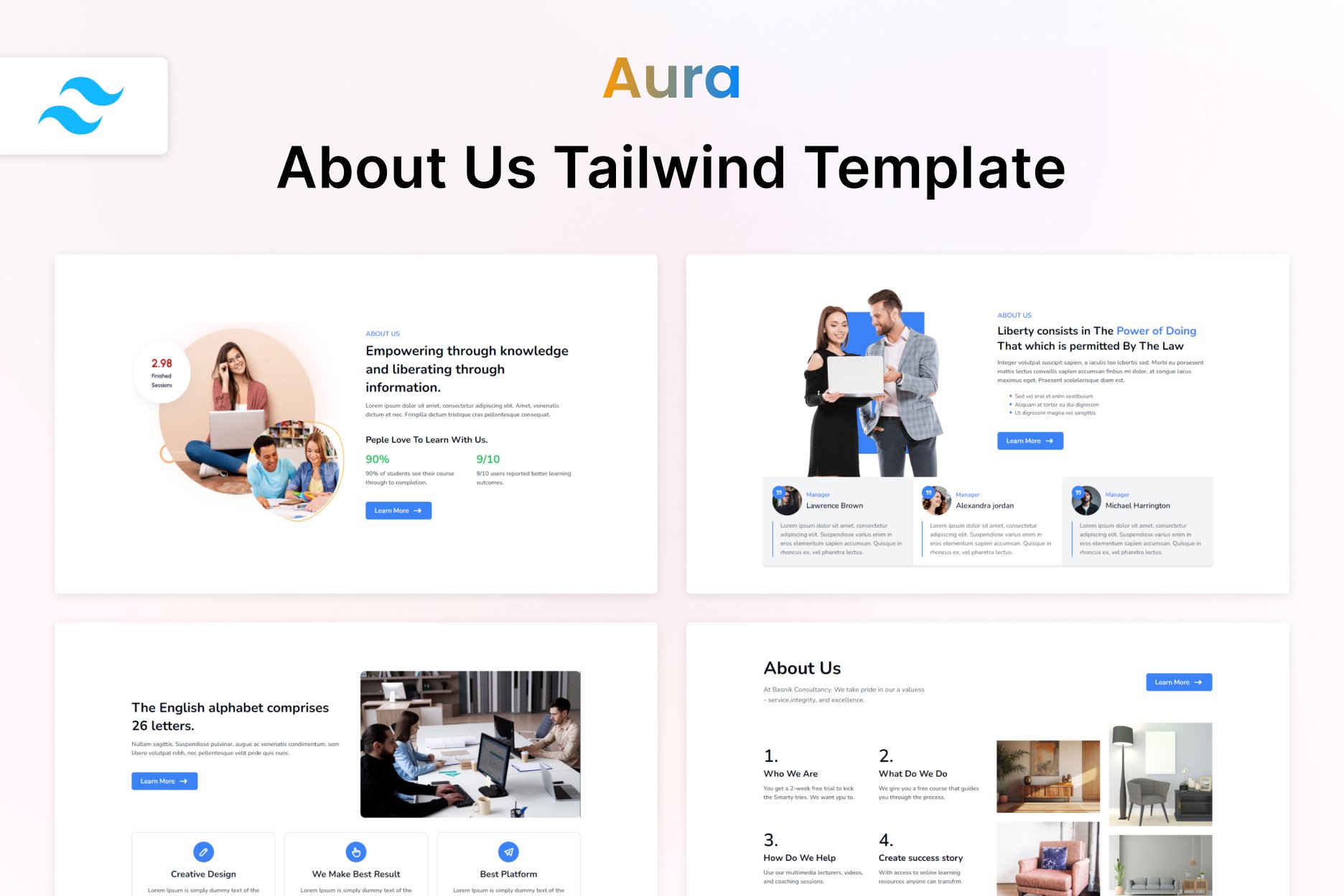 Imagen de portada de Aura – Tailwind CSS About Us HTML Template (plantilla web)