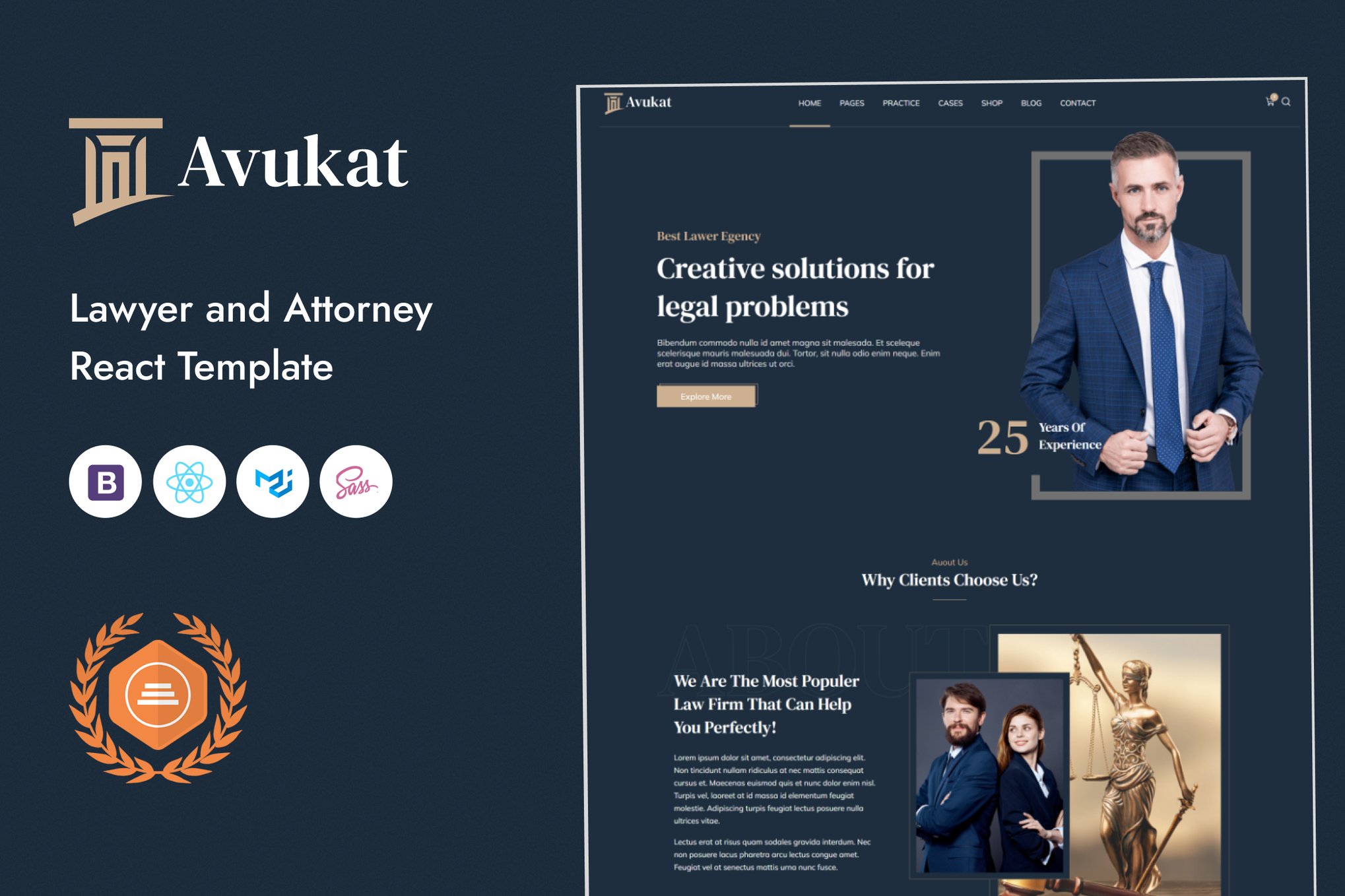 Imagen de portada de Avukat – Lawyer and Attorney React Template (plantilla web)