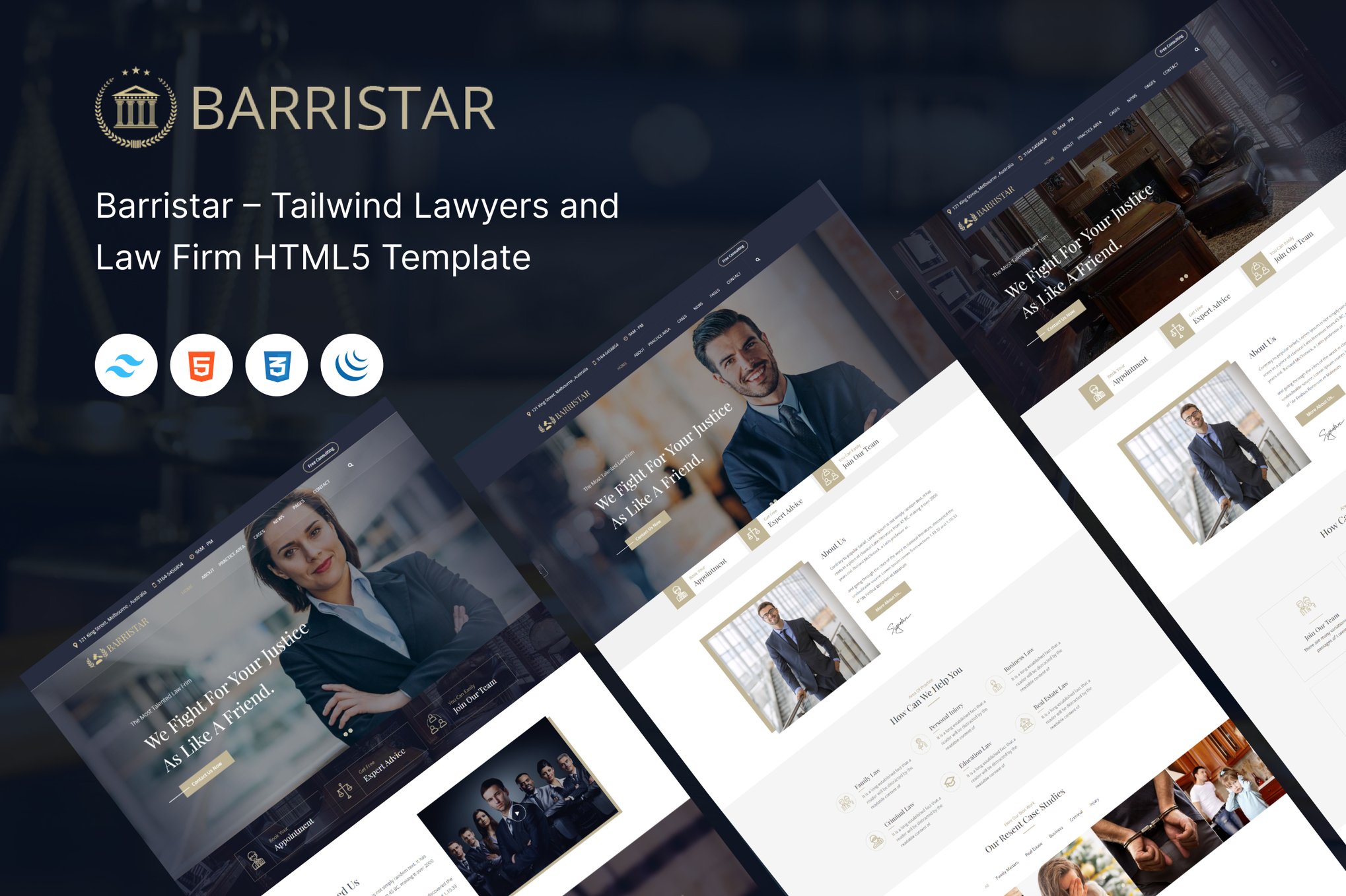 Imagen de portada de Barristar – Tailwind Lawyers HTML5 Template (plantilla web)