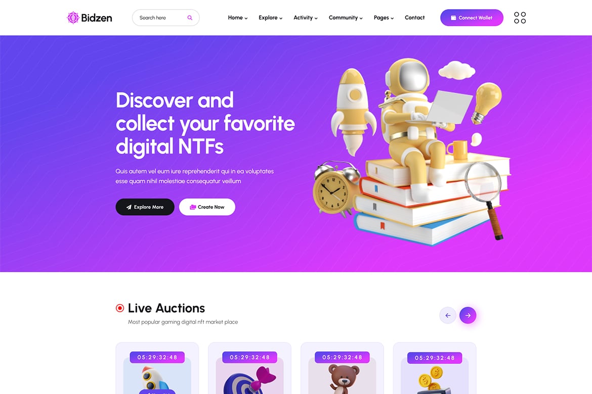 Imagen de portada de Bidzen - NFT Marketplace React NextJS Template (plantilla web)
