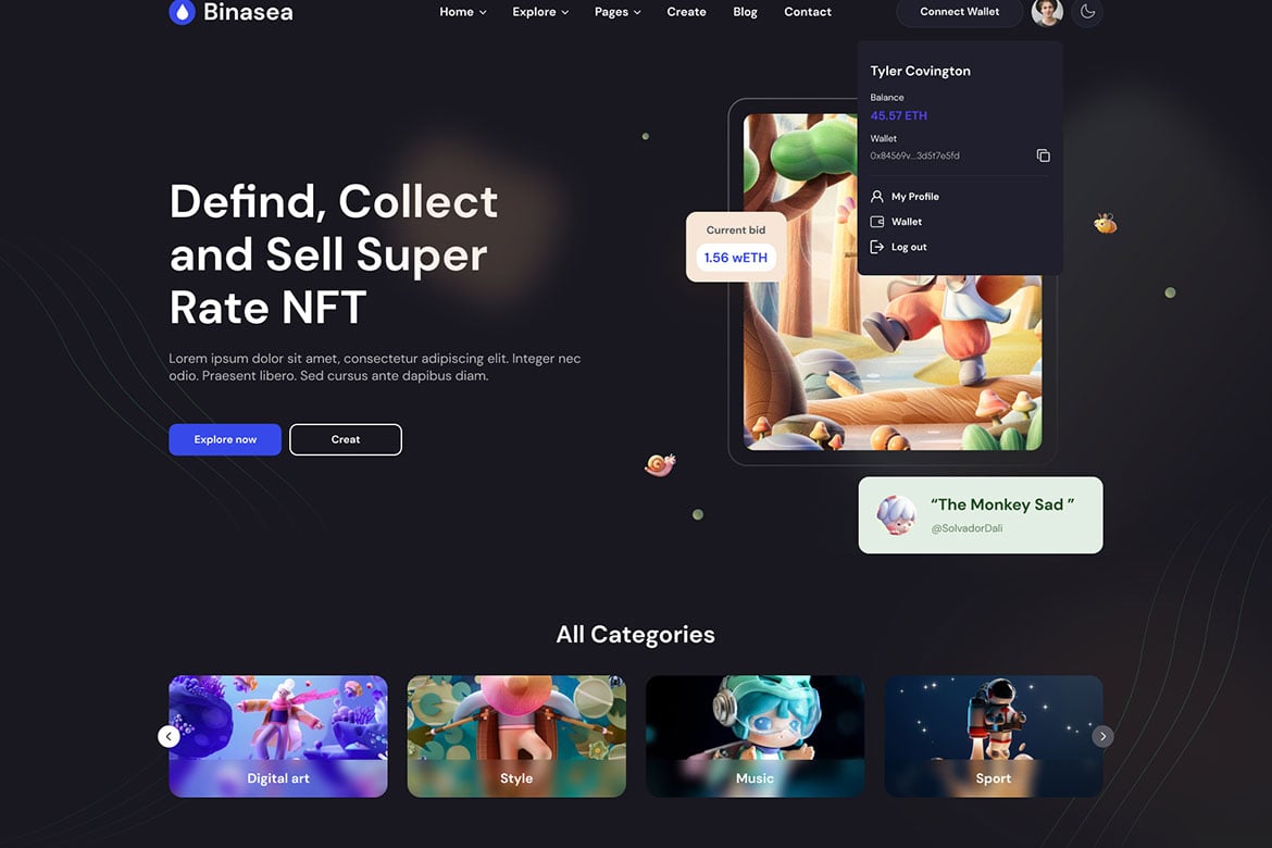Imagen de portada de Binasea - NFT Portfolio React NextJS Template (plantilla web)