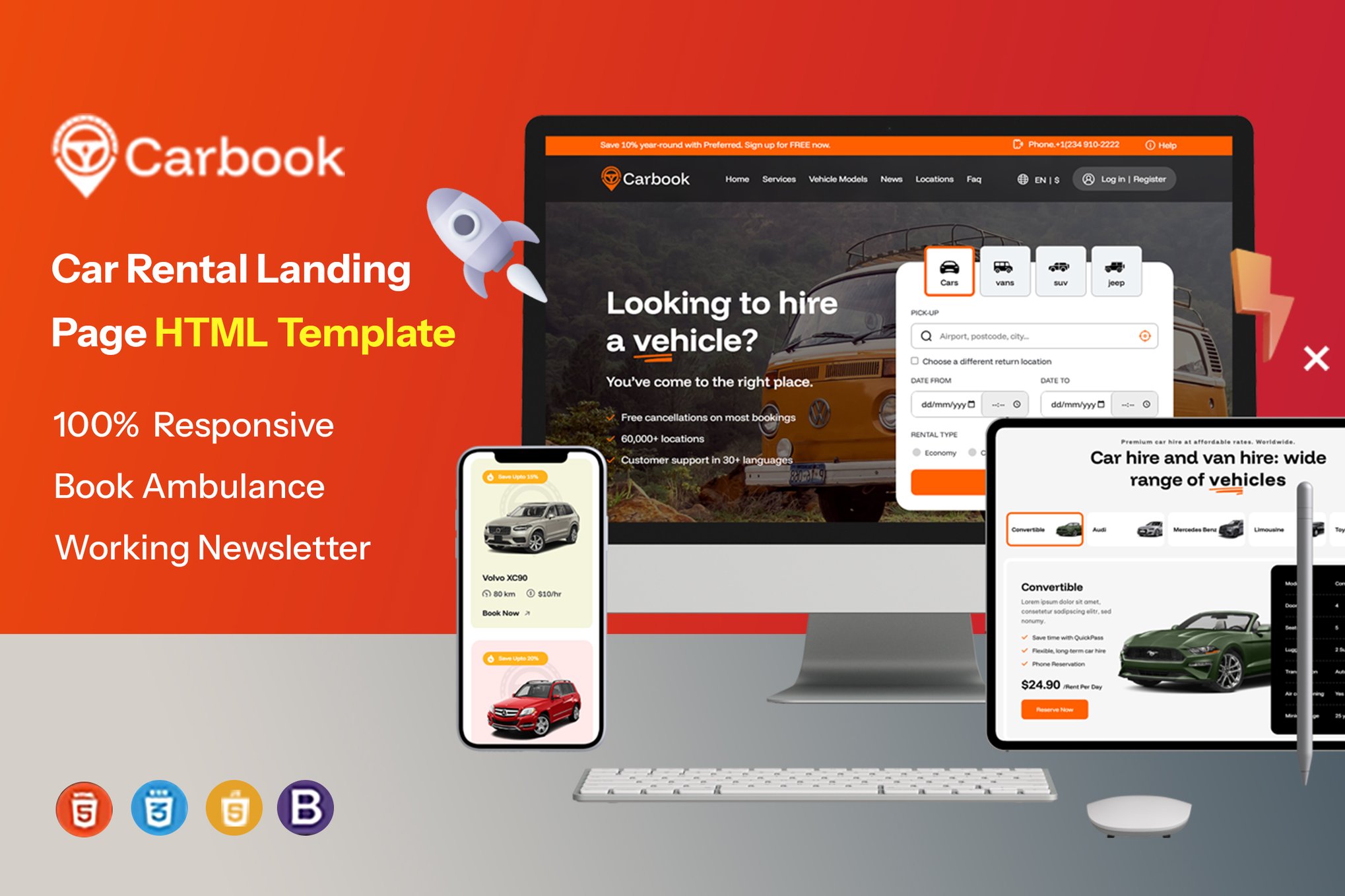 Imagen de portada de Carbook - Car Rental Landing Page HTML Template (plantilla web)
