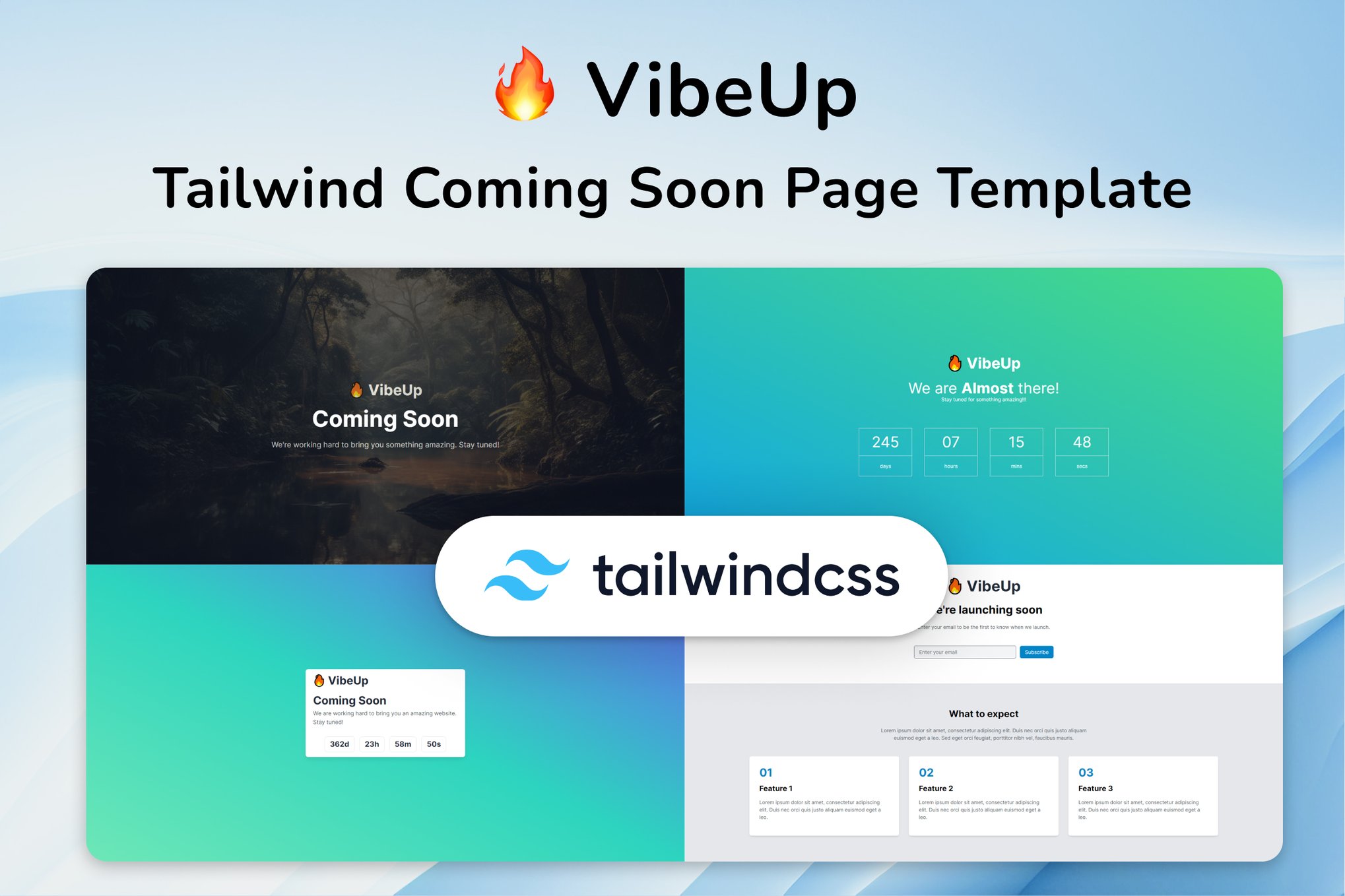 Imagen de portada de Coming Soon HTML Tailwind Template - VibeUp (plantilla web)