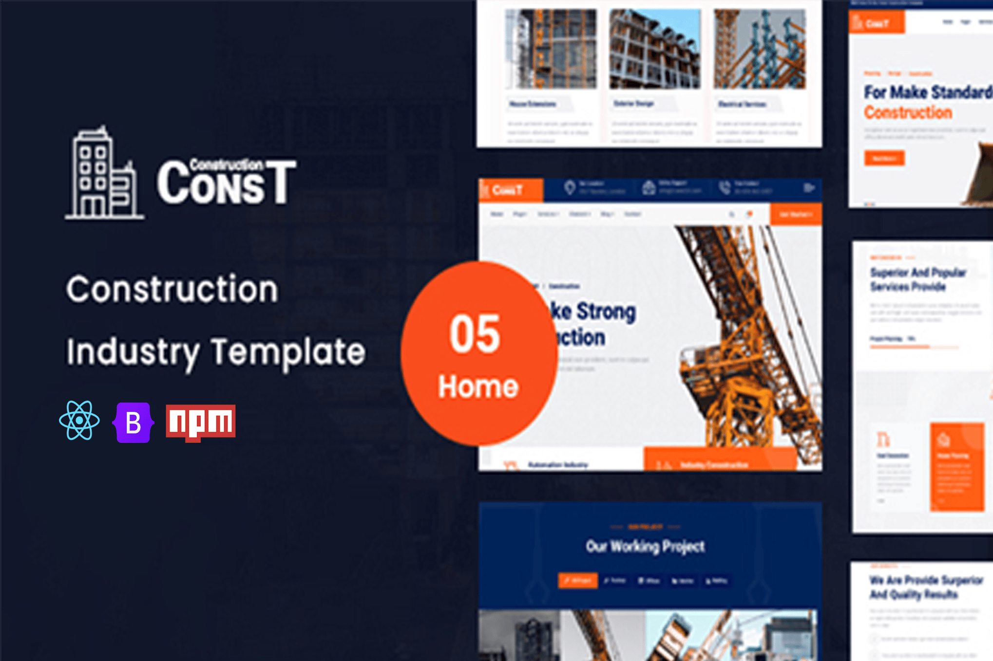 Imagen de portada de Const - Construction React Template (plantilla web)
