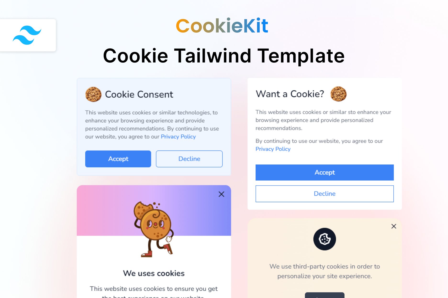 Imagen de portada de CookieKit - Tailwind CSS 3 Cookie Banners Template (plantilla web)