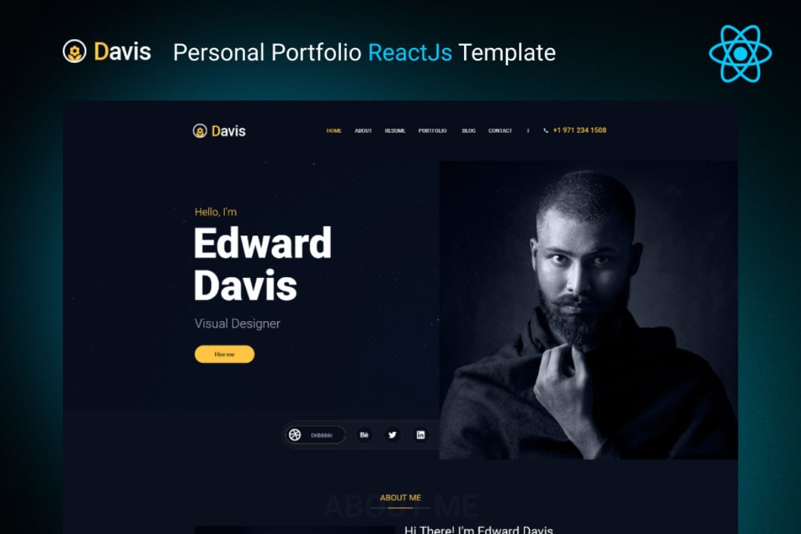 Imagen de portada de Davis - Personal Portfolio ReactJs Template (plantilla web)