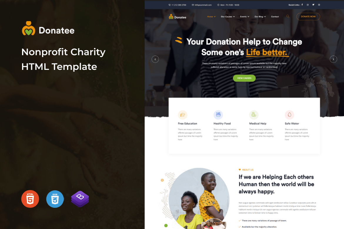 Imagen de portada de Donatee – Nonprofit Charity HTML Template (plantilla web)