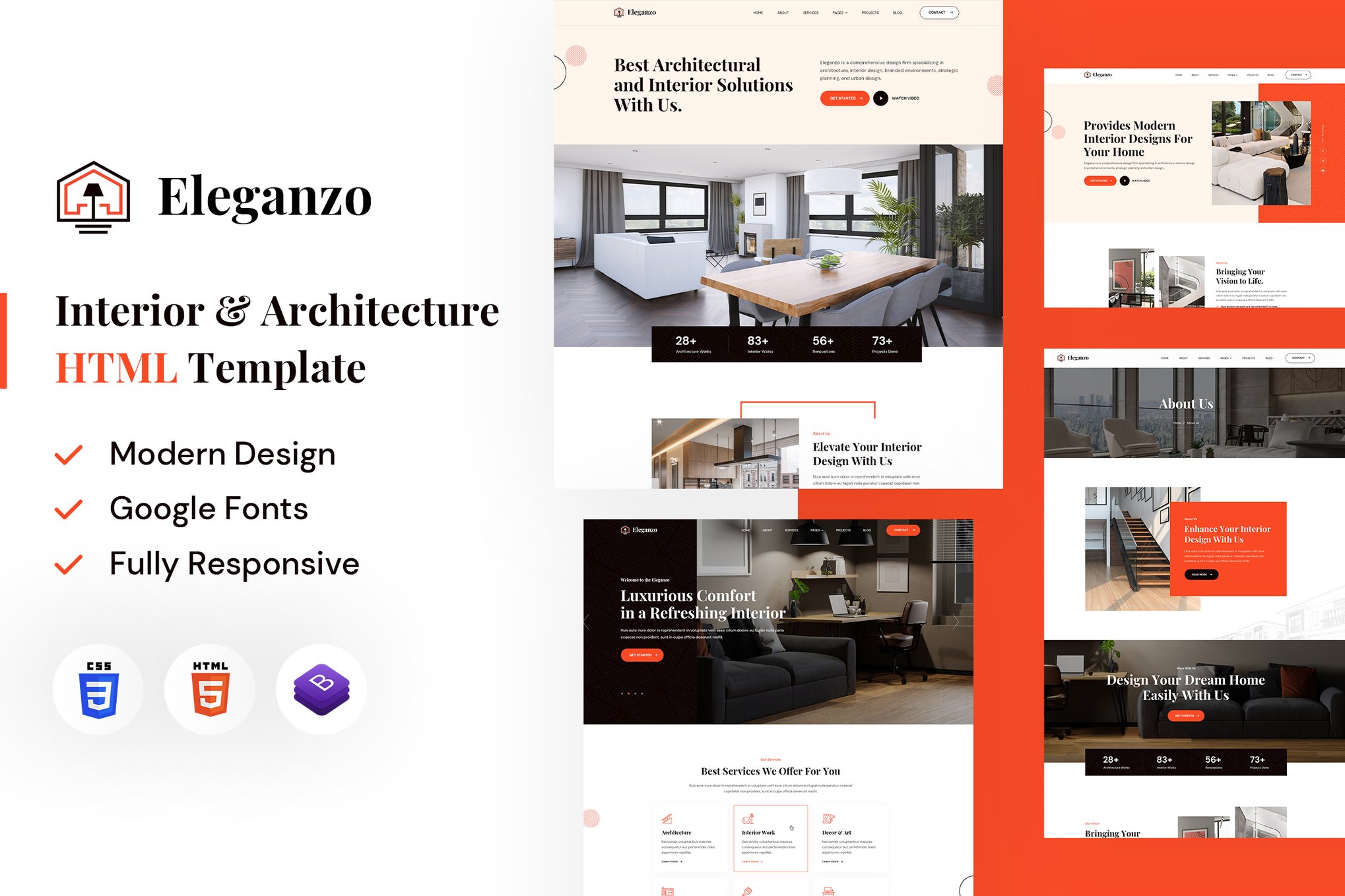 Imagen de portada de Eleganzo | Interior & Architecture HTML Template (plantilla web)