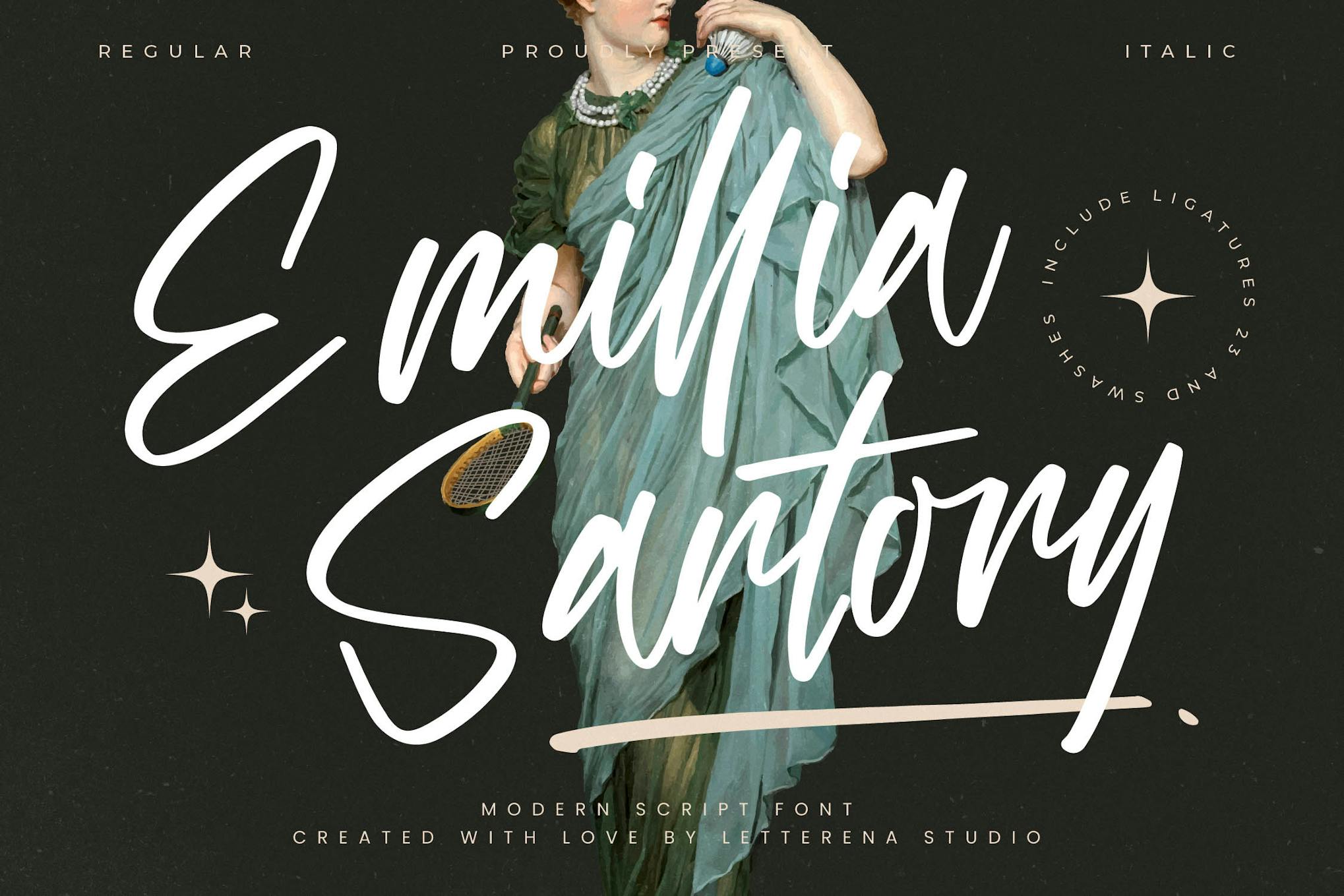 Imagen de portada de Emillia Sartory Moder Script Font (fuente)