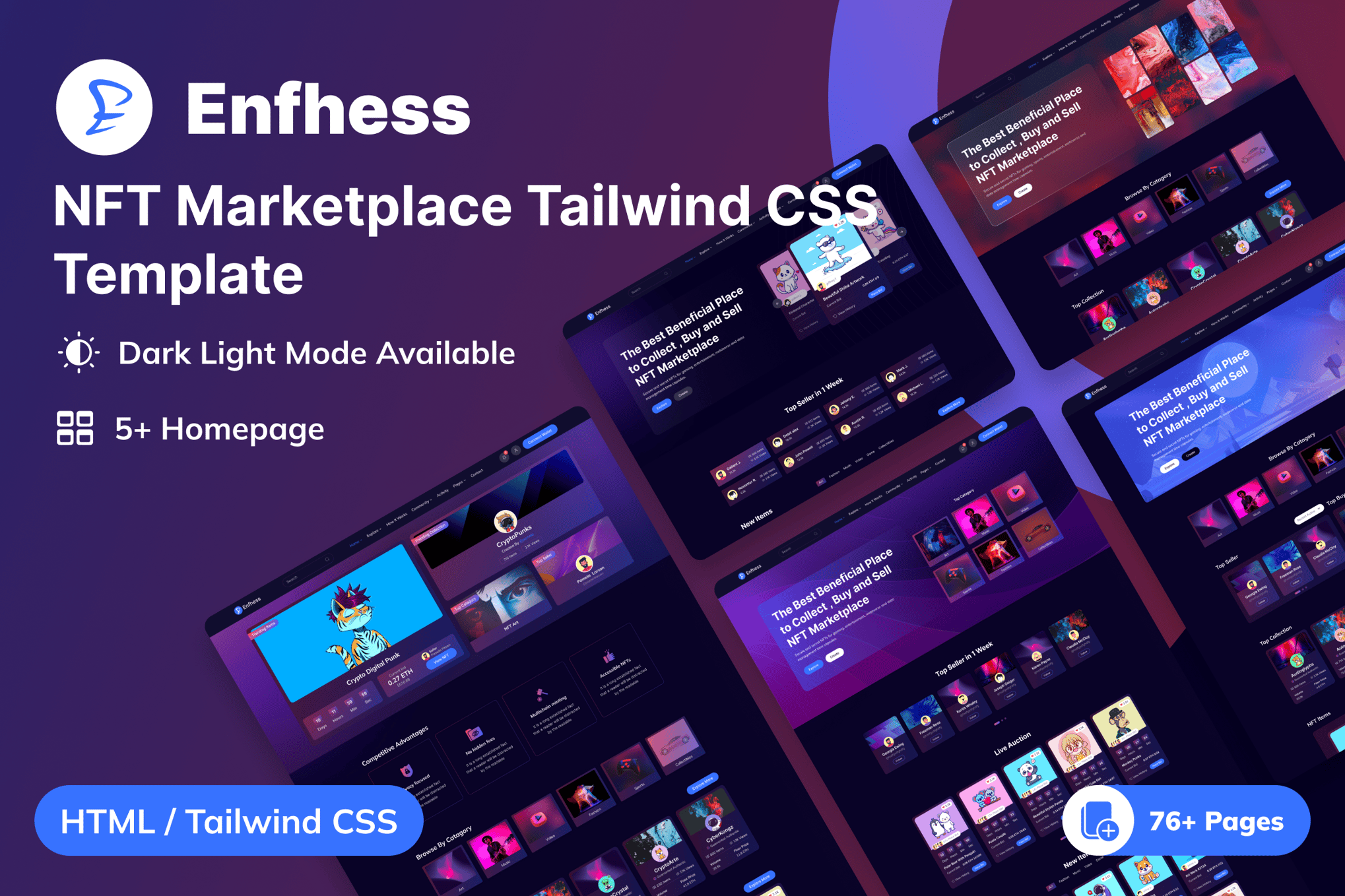 Imagen de portada de Enfhess - NFT Marketplace Tailwind CSS Template (plantilla web)