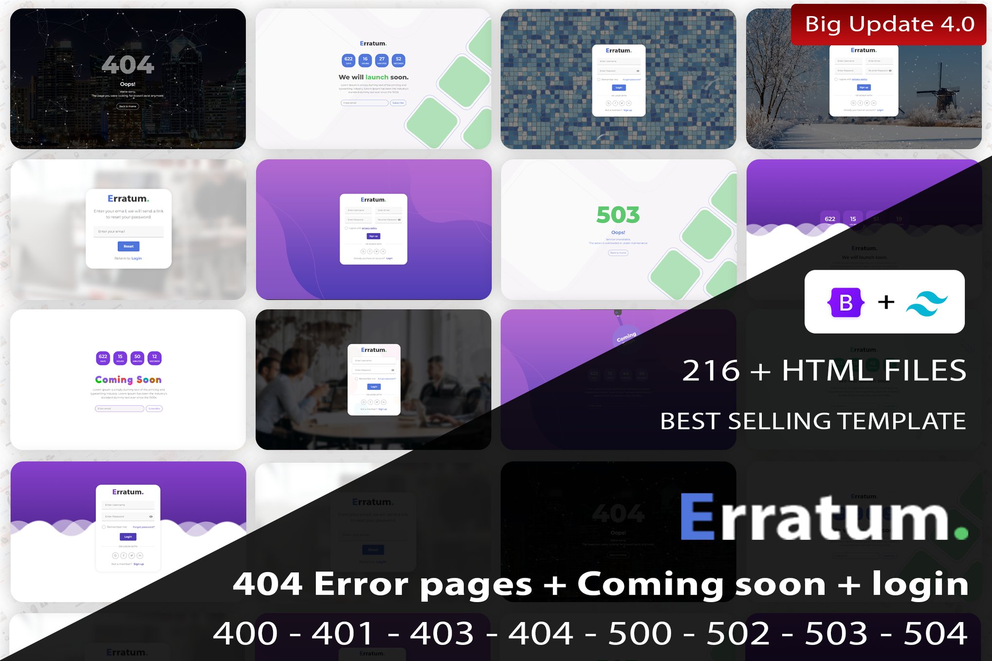Imagen de portada de Erratum - 404 Error Pages + Coming soon + Login (plantilla web)