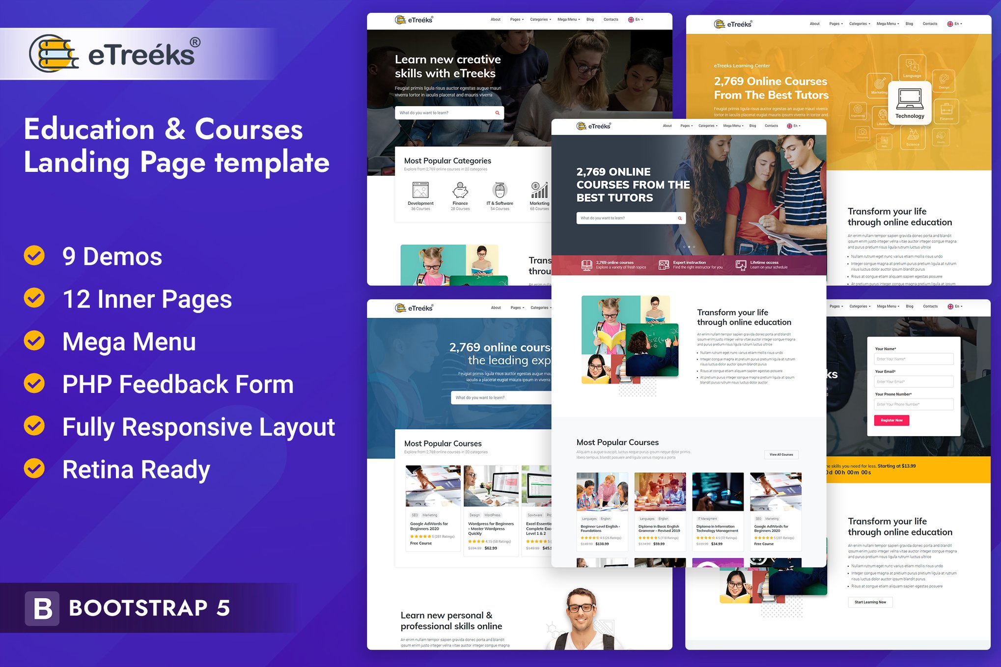 Imagen de portada de eTreeks - Online Courses & Education Landing Pages (plantilla web)