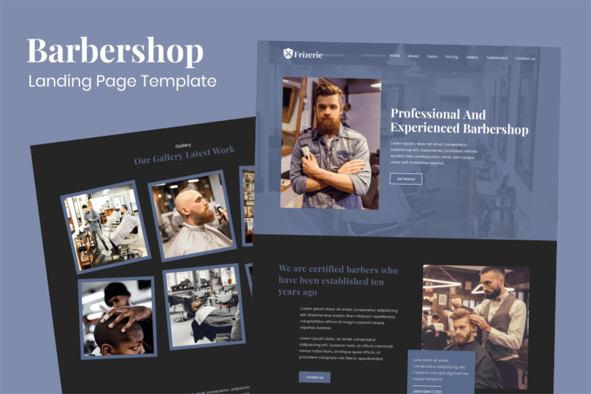 Imagen de portada de Frizerie - Barbershop Landing Page Template (plantilla web)