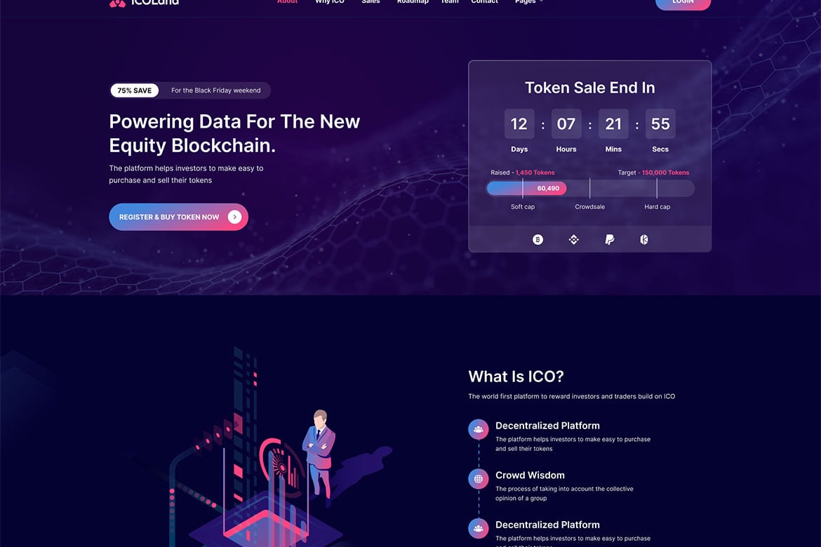 Imagen de portada de ICOLand | NFT landing page & Crypto HTML Template (plantilla web)
