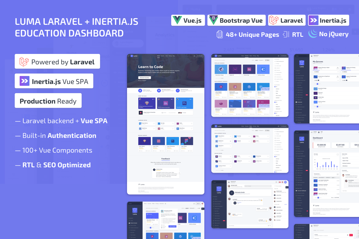 Imagen de portada de Luma Laravel LMS & Vue Education Admin Dashboard (plantilla web)