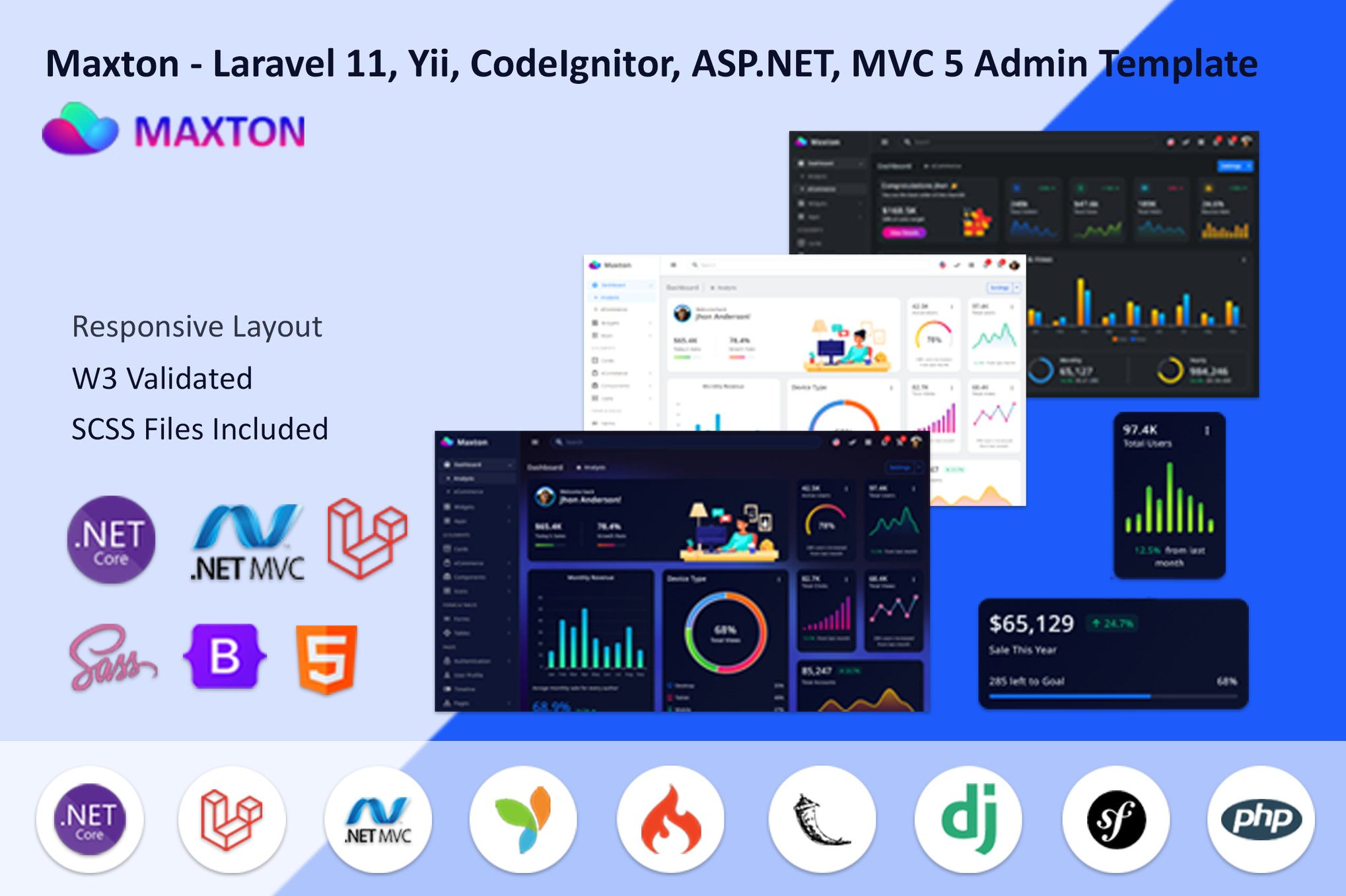 Imagen de portada de Maxton - Laravel 11, Yii, CodeIgnitor, ASP.NET, MV (plantilla web)