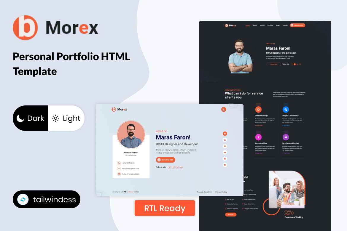 Imagen de portada de Morex - Tailwind CSS Personal Portfolio Template (plantilla web)