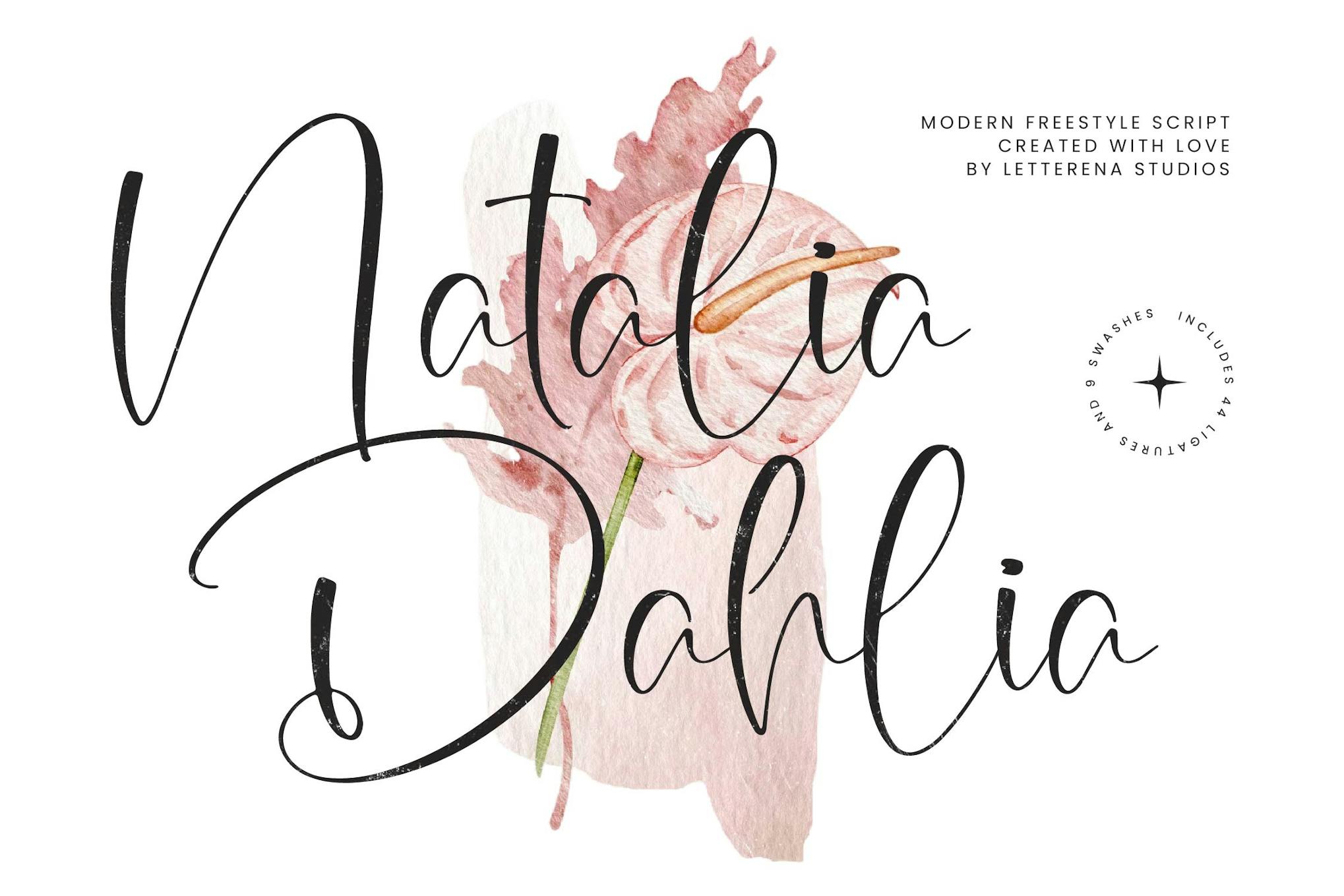 Imagen de portada de Natalia Dahlia Modern Freestyle Script (fuente)