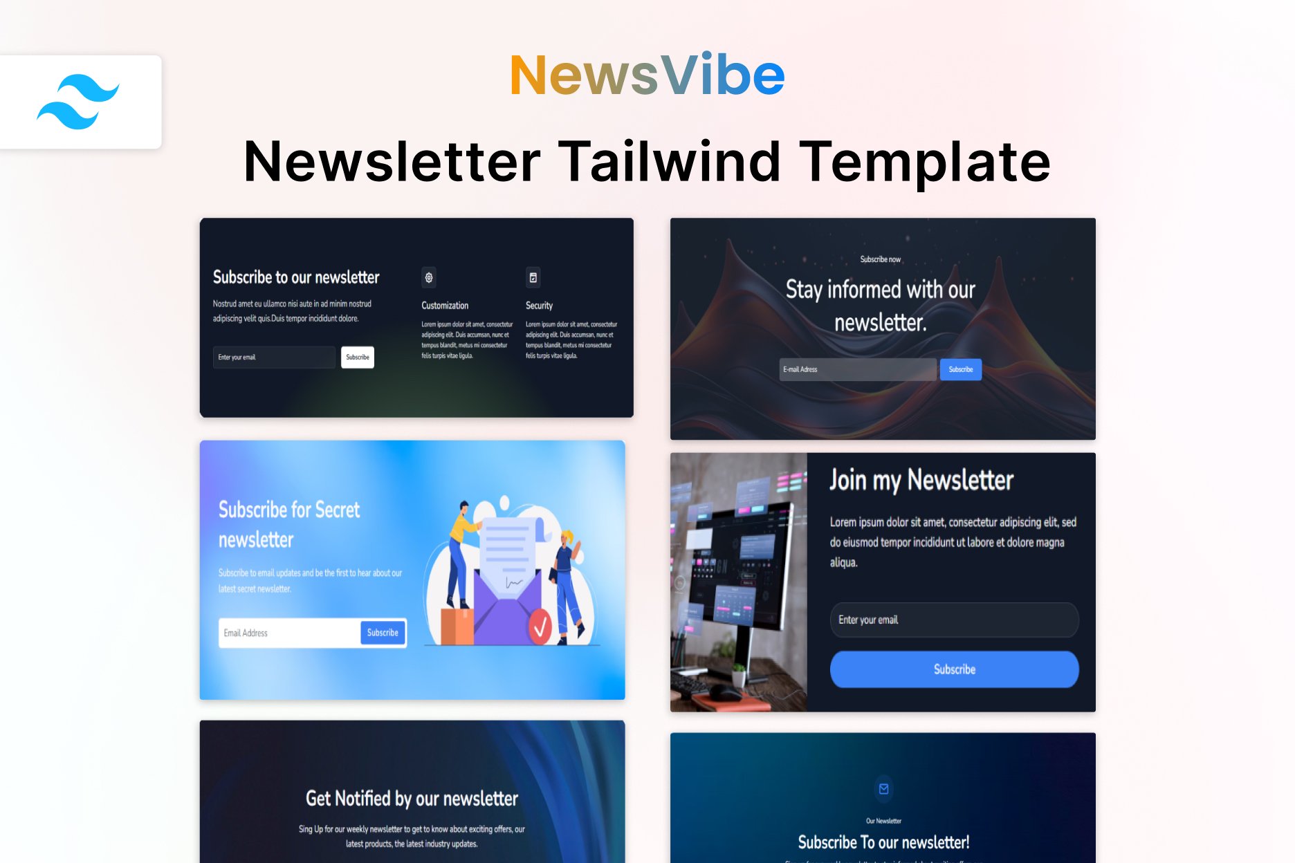 Imagen de portada de NewsVibe - Newsletter Section Tailwind Template (plantilla web)