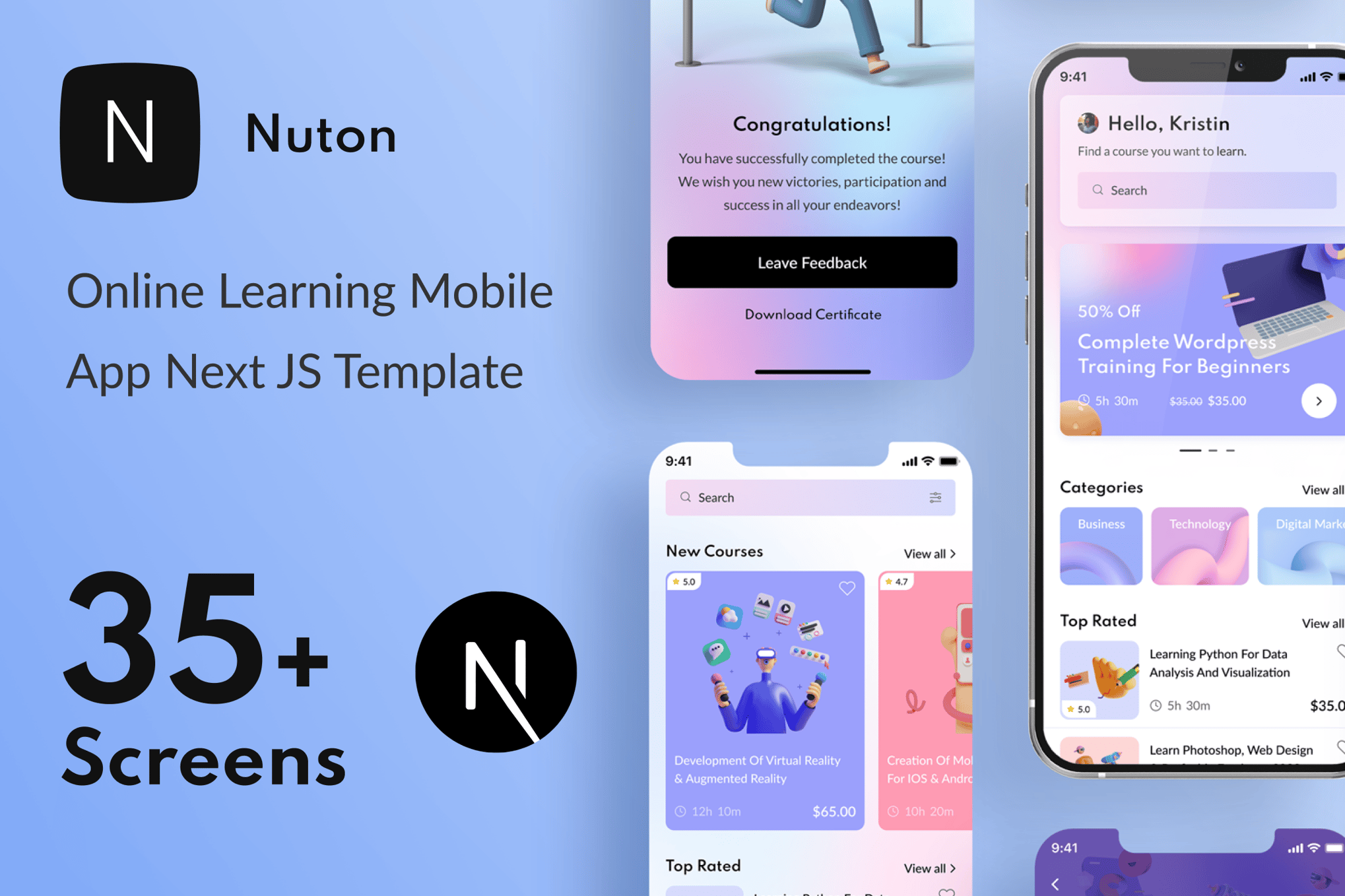 Imagen de portada de Nuton – Online Learning Next JS Mobile App | PWA (plantilla web)
