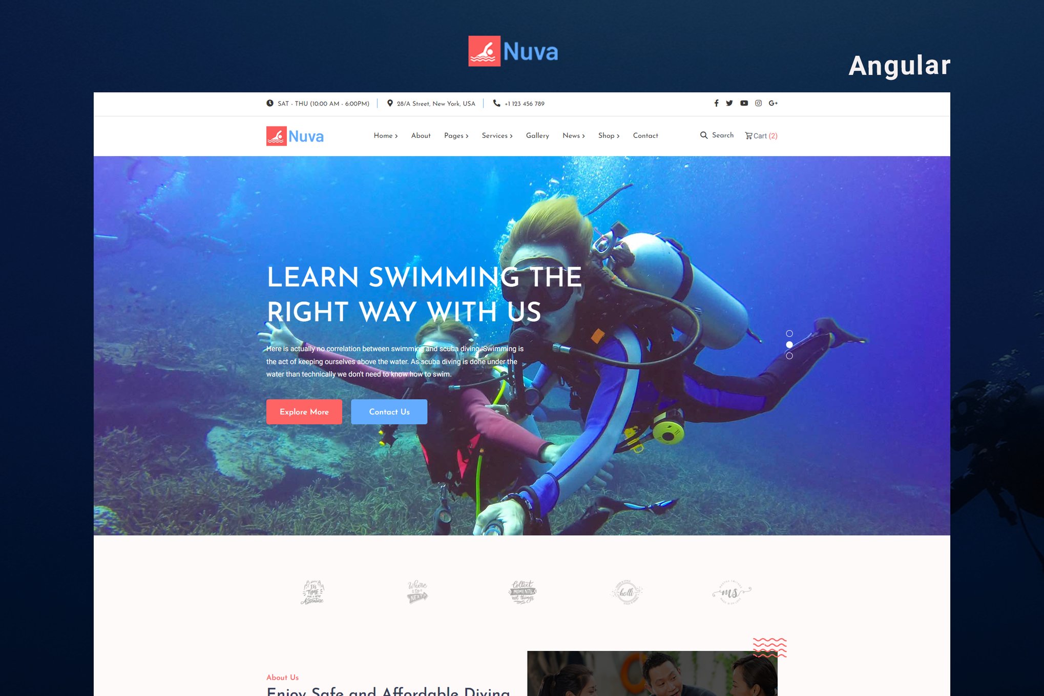 Imagen de portada de Nuva - Diving & Swimming School Angular Template (plantilla web)