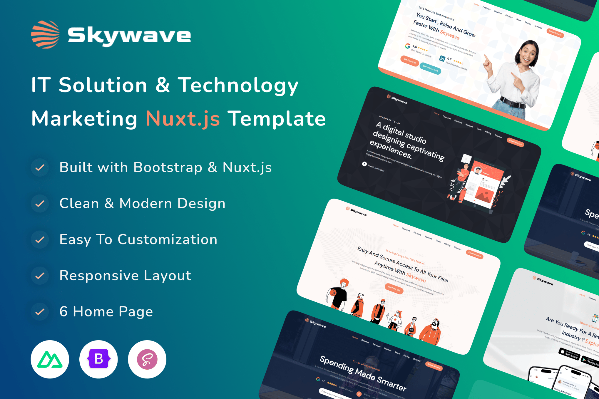Imagen de portada de Nuxt.js IT Solution Technology Marketing - Skywave (plantilla web)