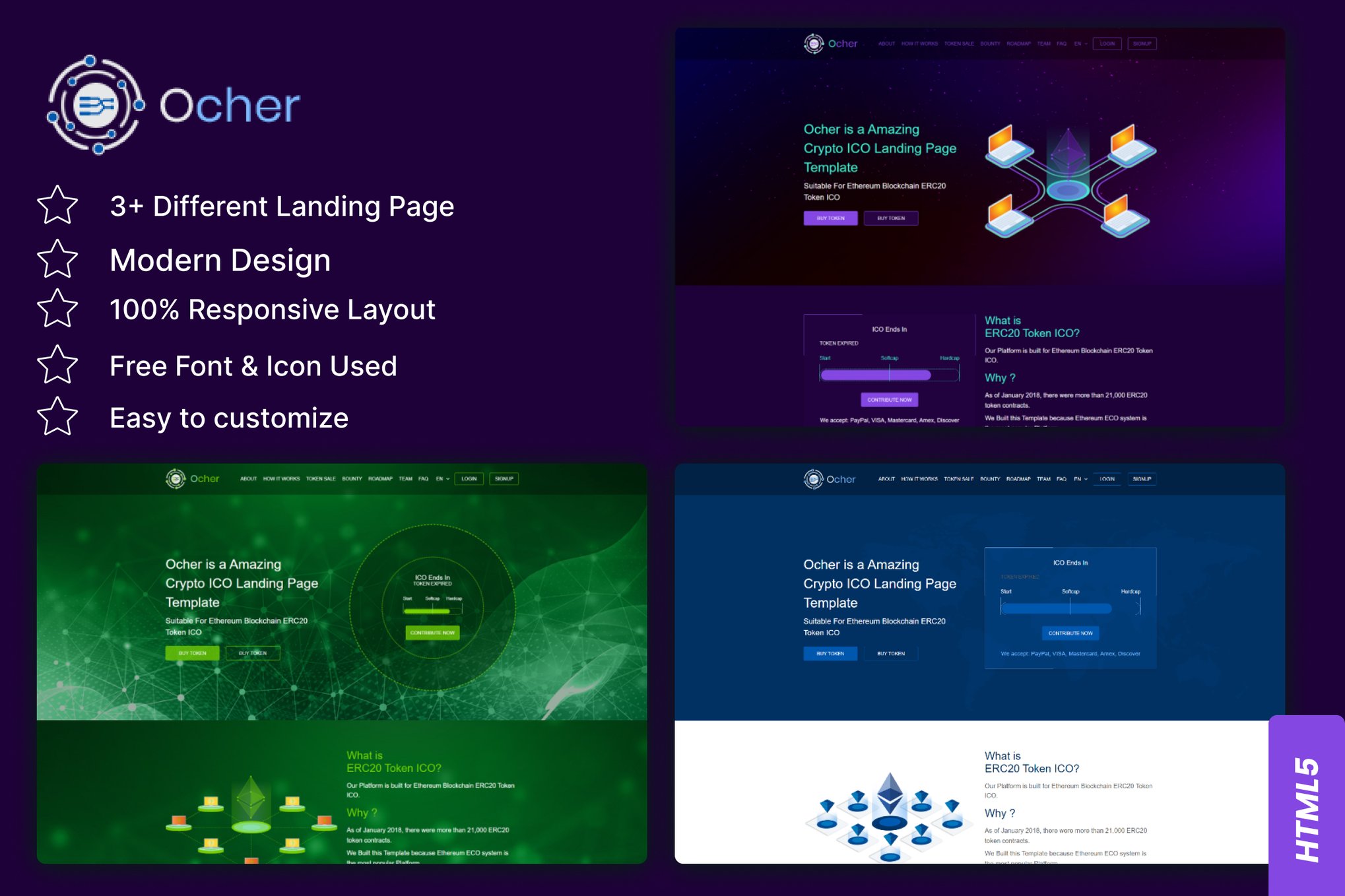 Imagen de portada de Ocher - Bitcoin & Cryptocurrency Landing Page (plantilla web)