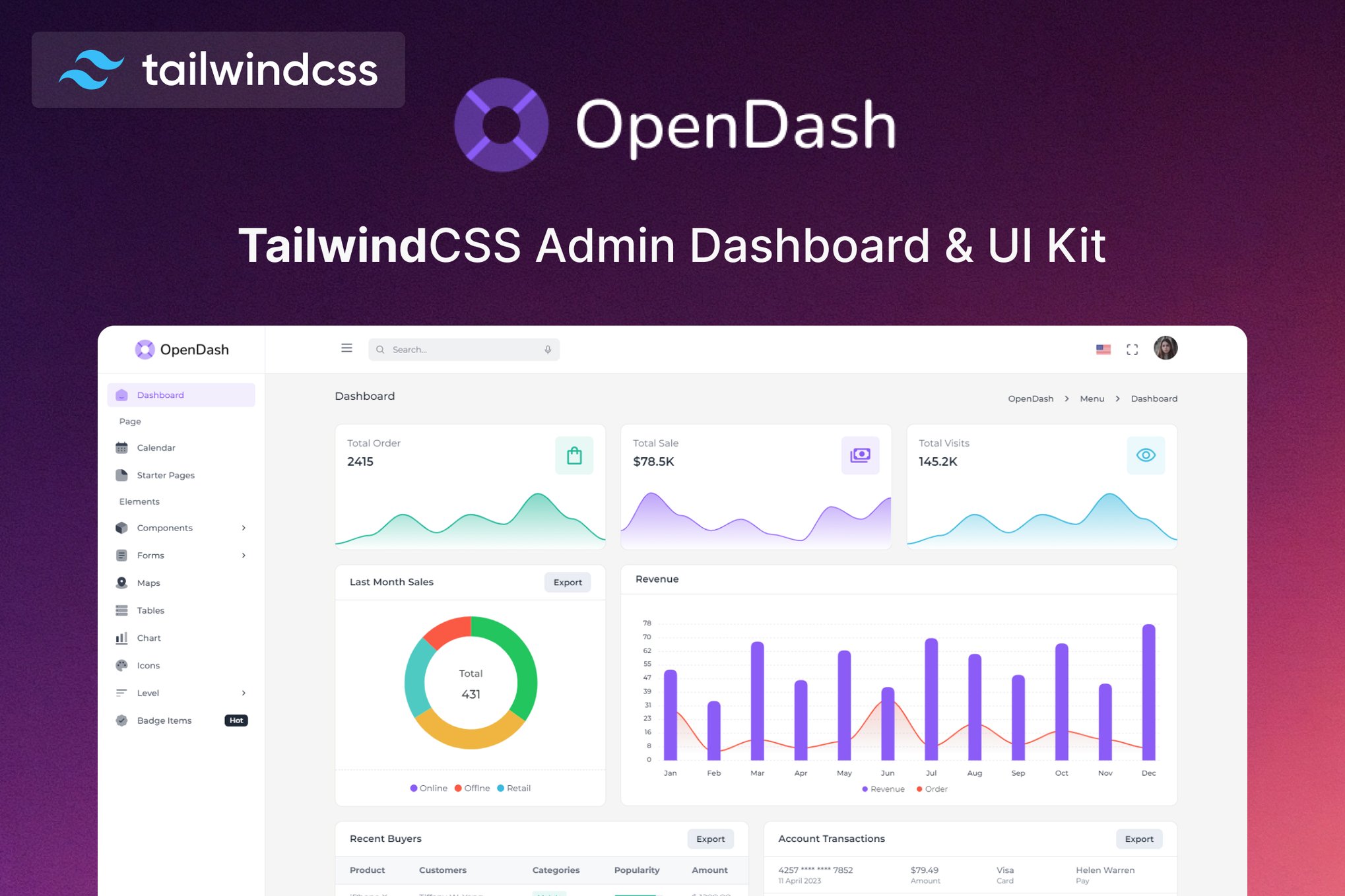 Imagen de portada de OpenDash - Tailwind CSS 3 Admin Layout & UI Kit (plantilla web)