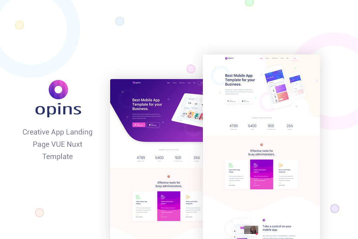 Imagen de portada de Opins - Creative App Landing Page Vue Nuxt Templat (plantilla web)