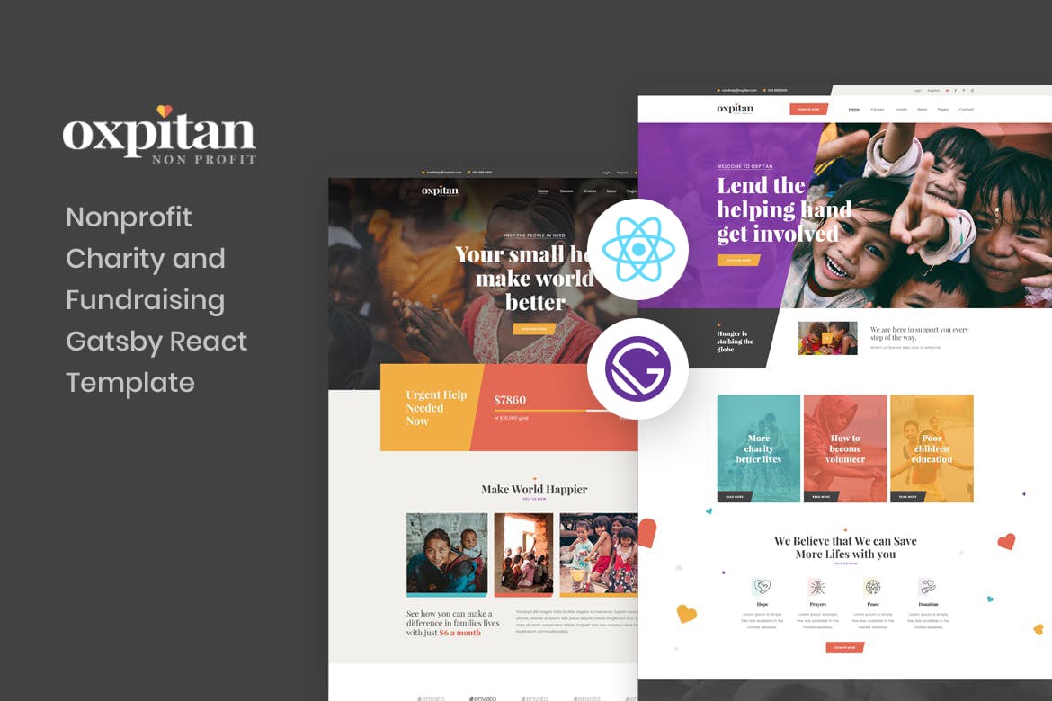 Imagen de portada de Oxpitan - Gatsby React Nonprofit Charity Template (plantilla web)