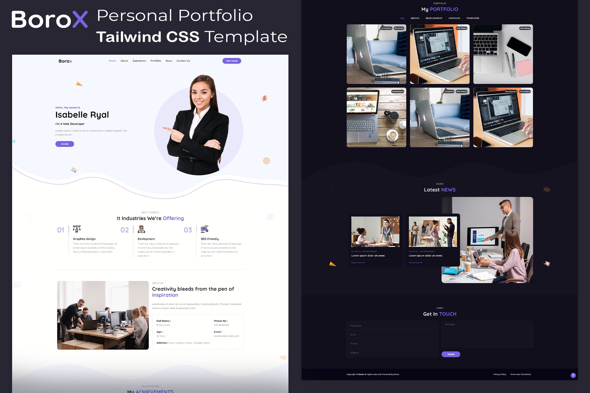 Imagen de portada de Personal Portfolio Tailwind CSS Template - Borox (plantilla web)