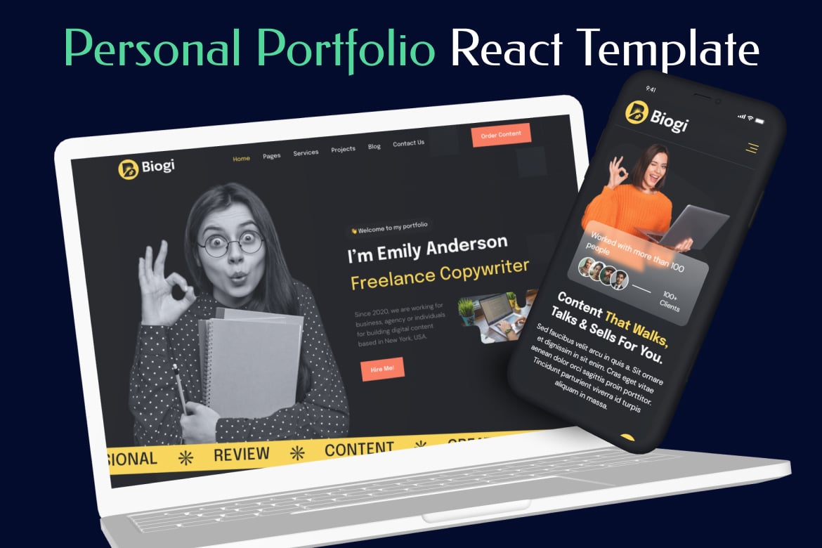 Imagen de portada de Personal Portfolio Writer React Template - Biogi (plantilla web)