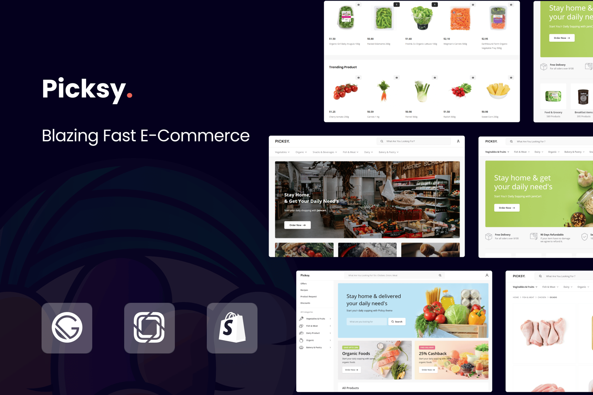 Imagen de portada de Picksy - React Gatsby Grocery Ecommerce Template (plantilla web)