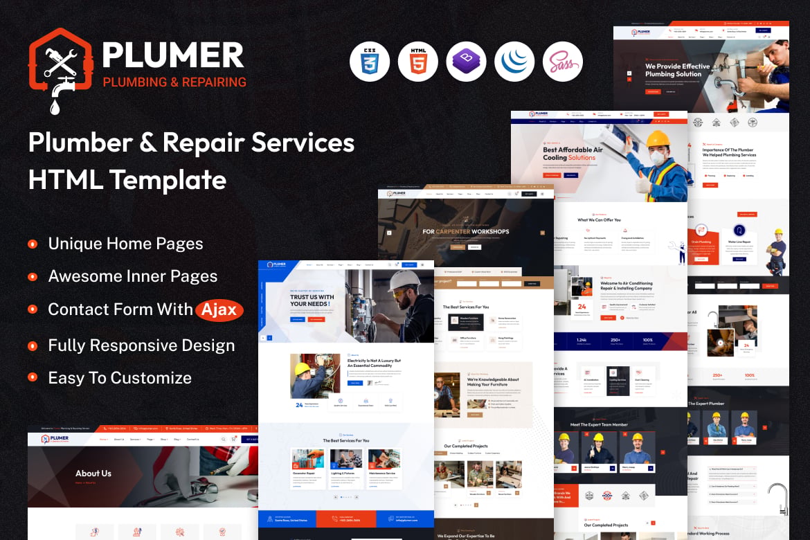 Imagen de portada de Plumer - Plumbing & Repair Service HTML Template (plantilla web)