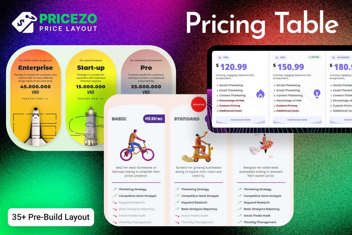 Imagen de portada de Pricing Table 35+ Unique Layout Template - Pricezo (plantilla web)