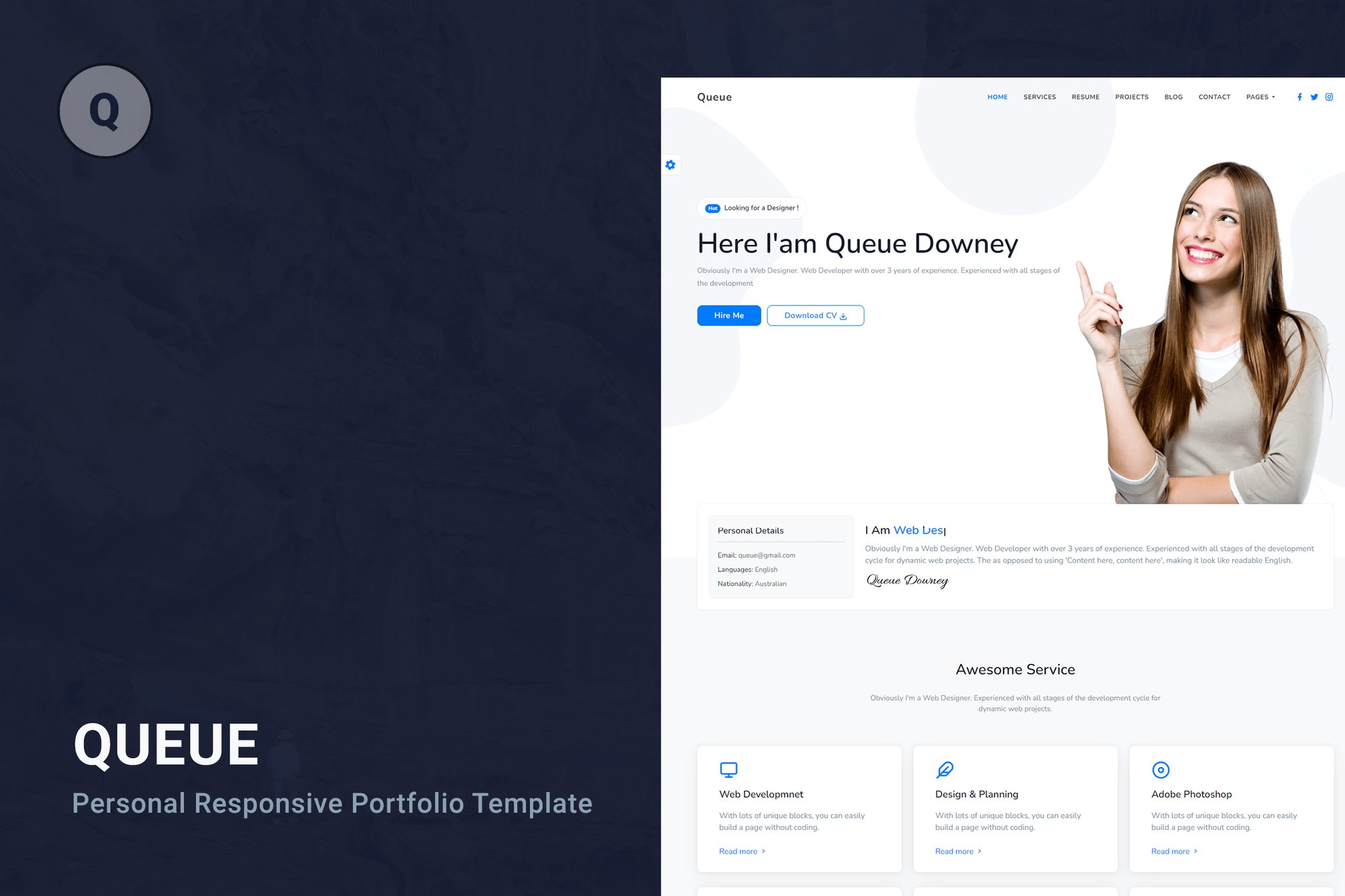 Imagen de portada de Queue - Tailwind CSS Personal Portfolio Template (plantilla web)