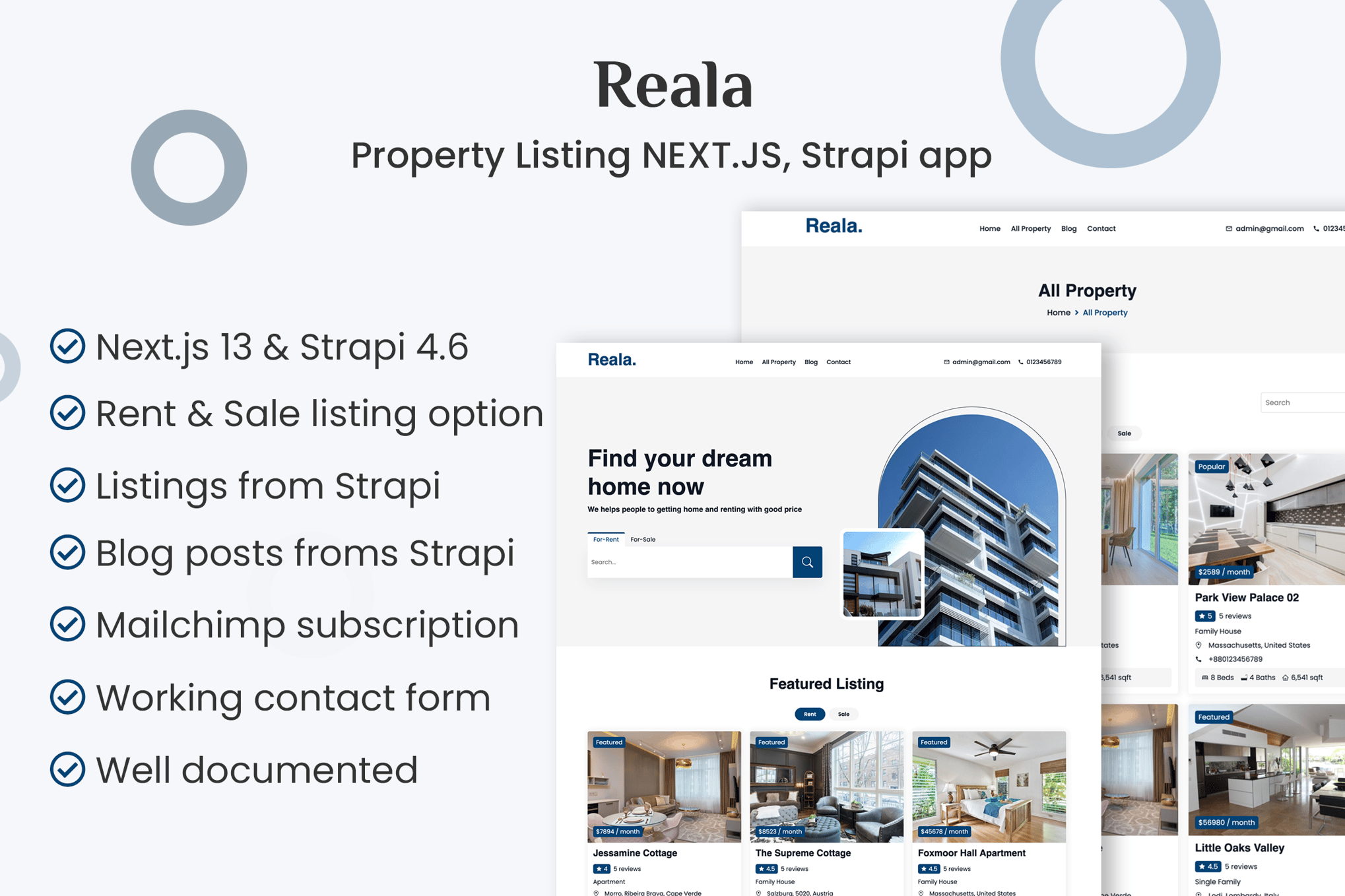 Imagen de portada de Reala - Property Listing NEXT.JS, Strapi app (plantilla web)