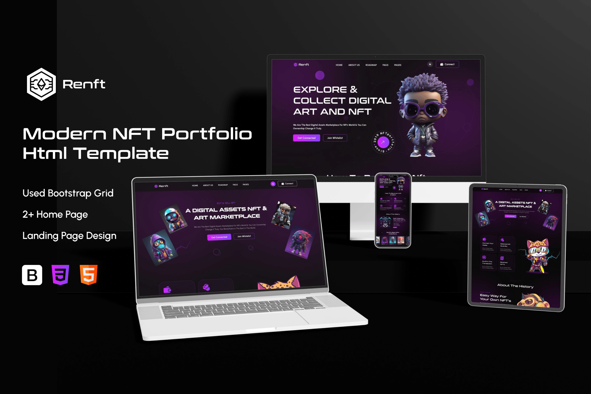 Imagen de portada de Renft - NFT Portfolio landing page HTML Template (plantilla web)