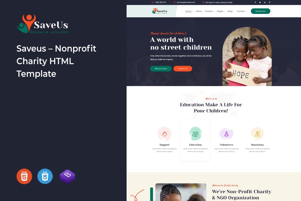 Imagen de portada de Saveus – Nonprofit Charity HTML Template (plantilla web)