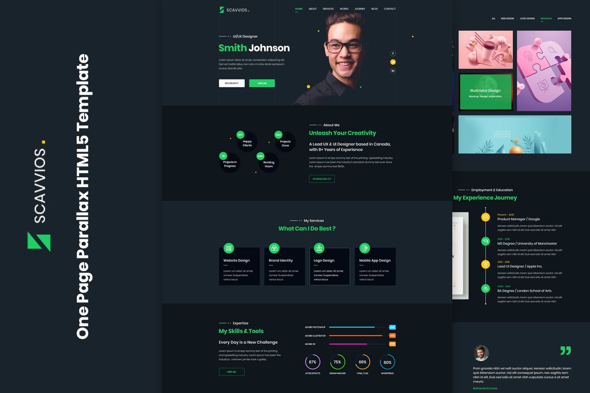 Imagen de portada de Scavvios | One Page Parallax HTML5 Template (plantilla web)