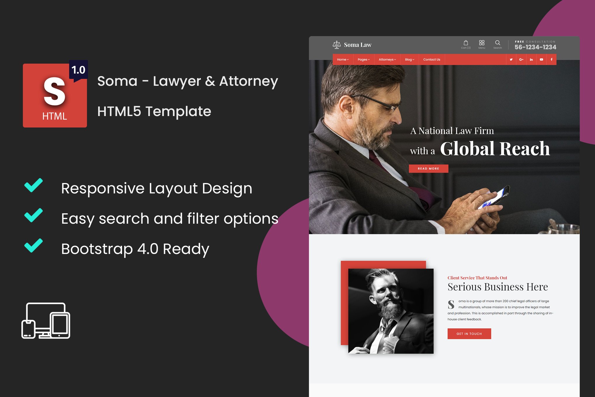 Imagen de portada de Soma - Lawyer & Attorney HTML5 Template (plantilla web)