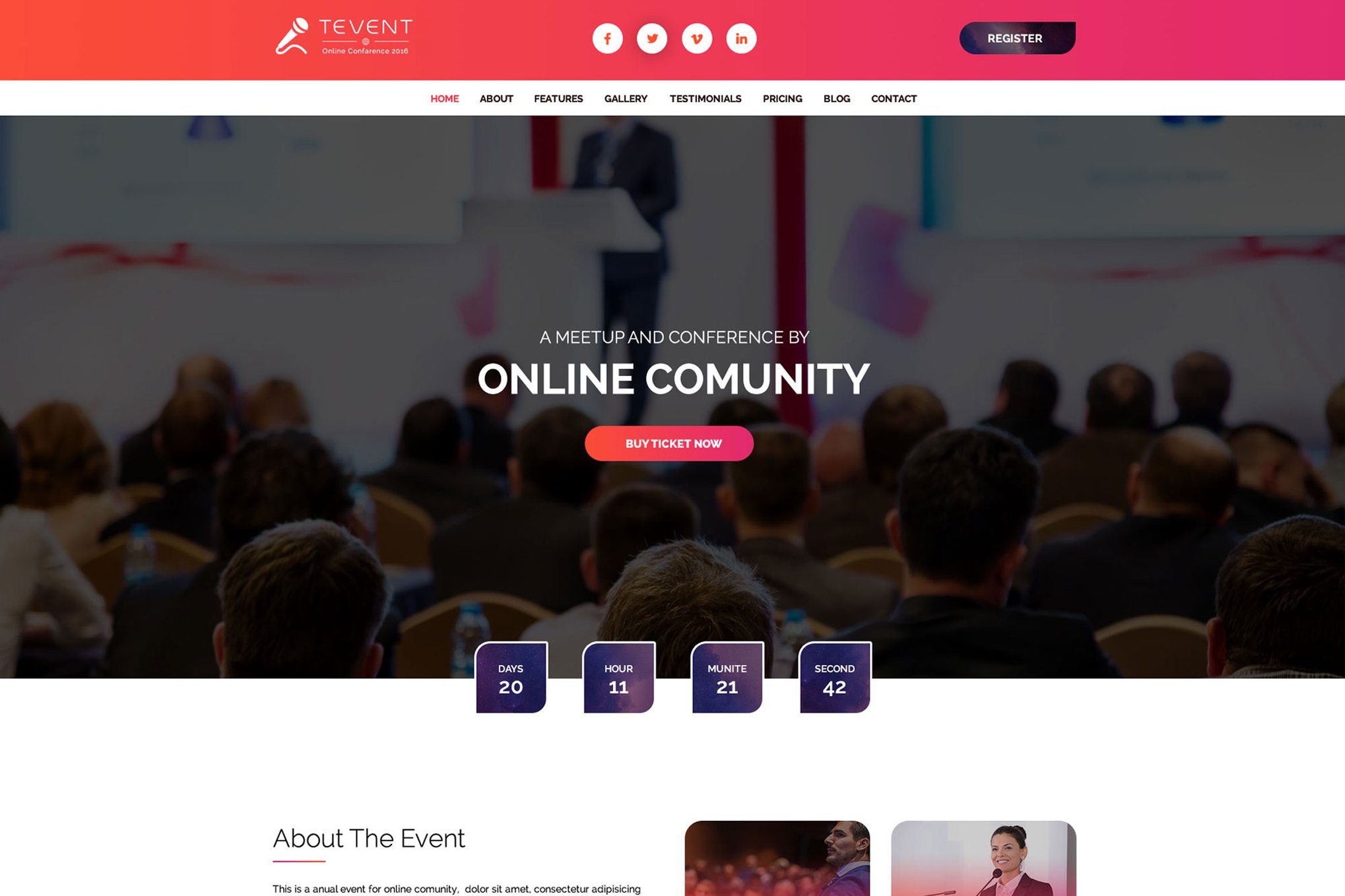 Imagen de portada de T Event - Event Conference & Meetup PSD Template (plantilla web)