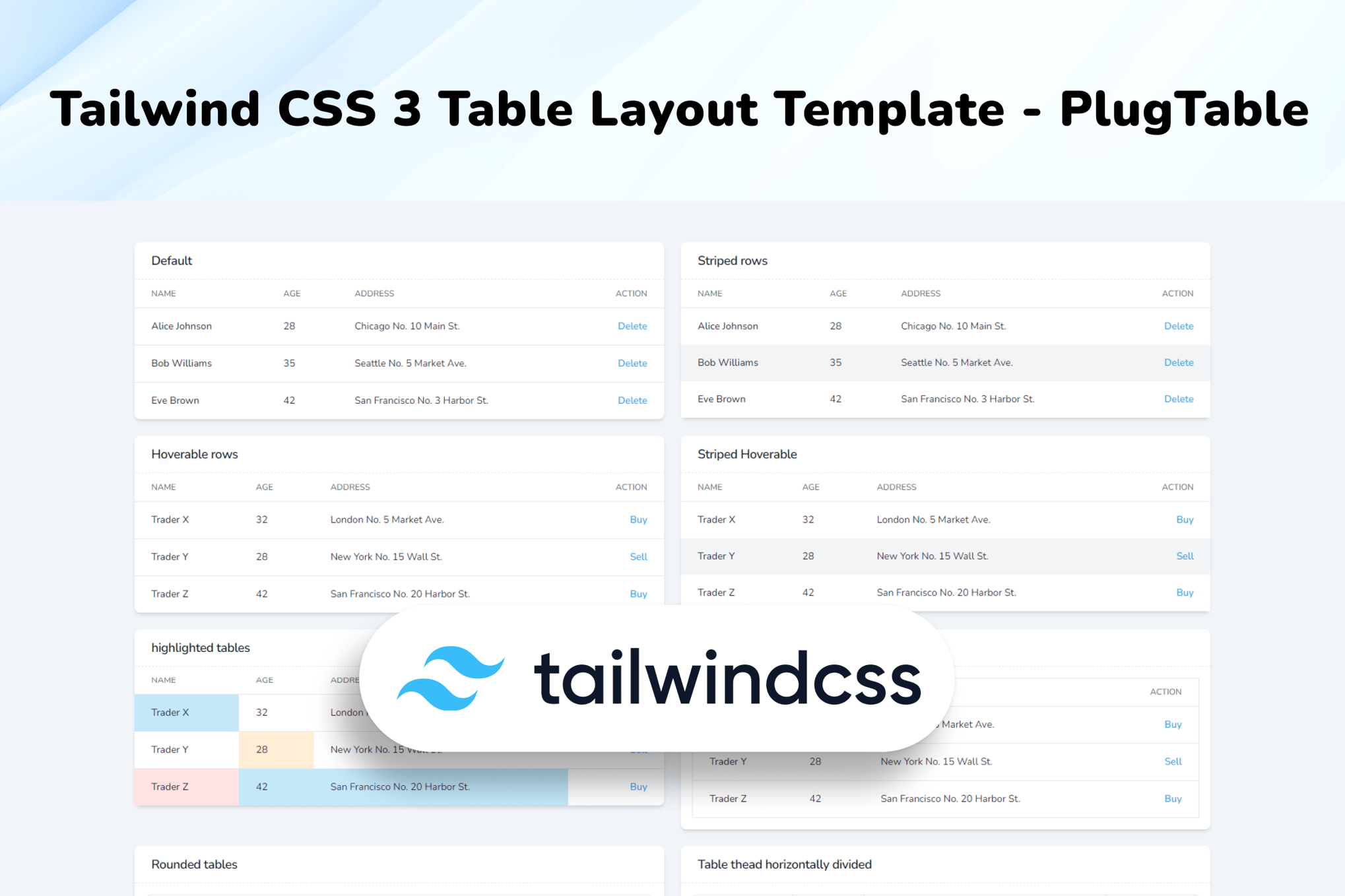 Imagen de portada de Tailwind CSS 3 Table Layout - PlugTable (plantilla web)