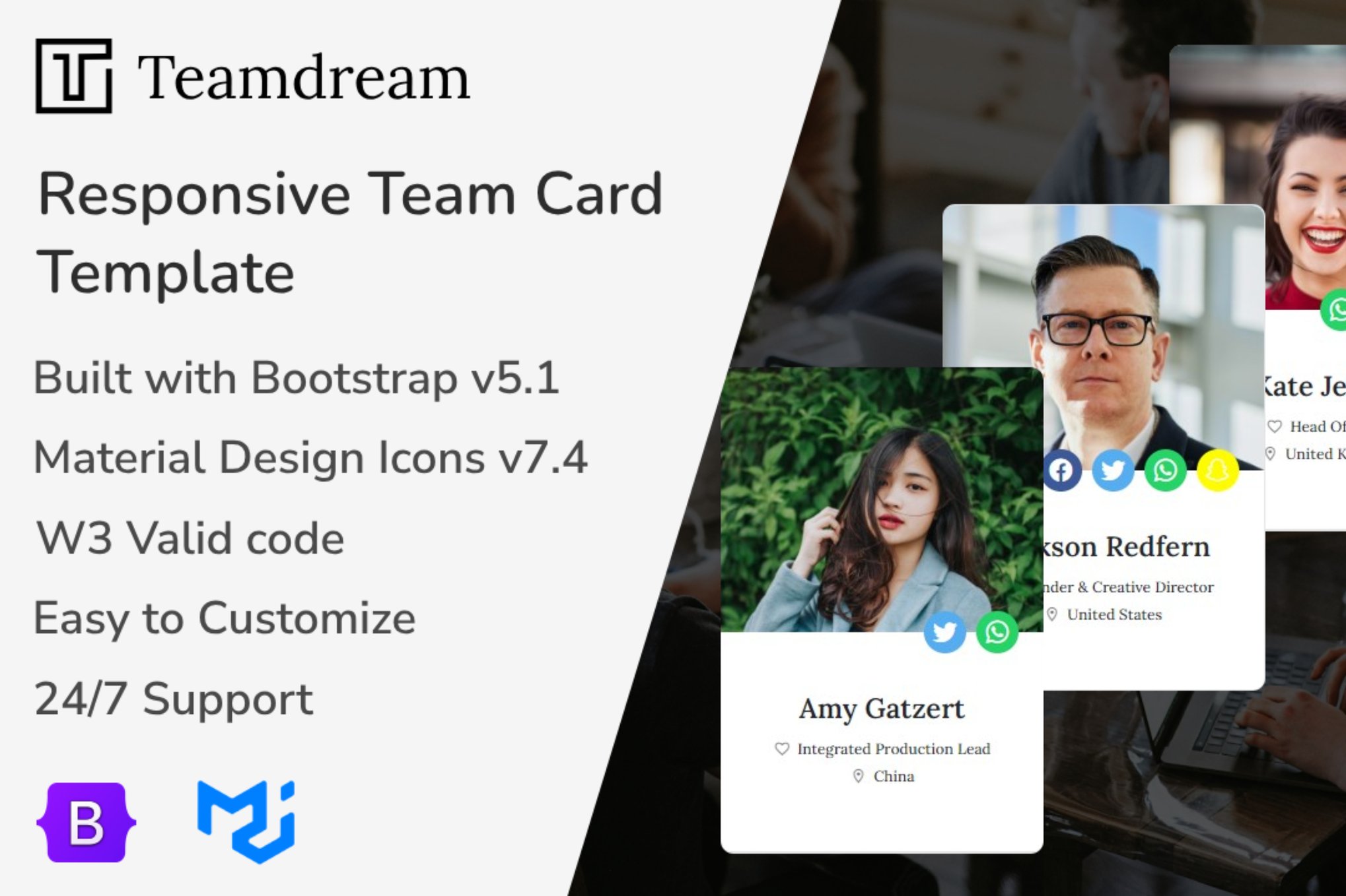 Imagen de portada de Teamdream - Responsive Team Card Bootstrap (plantilla web)