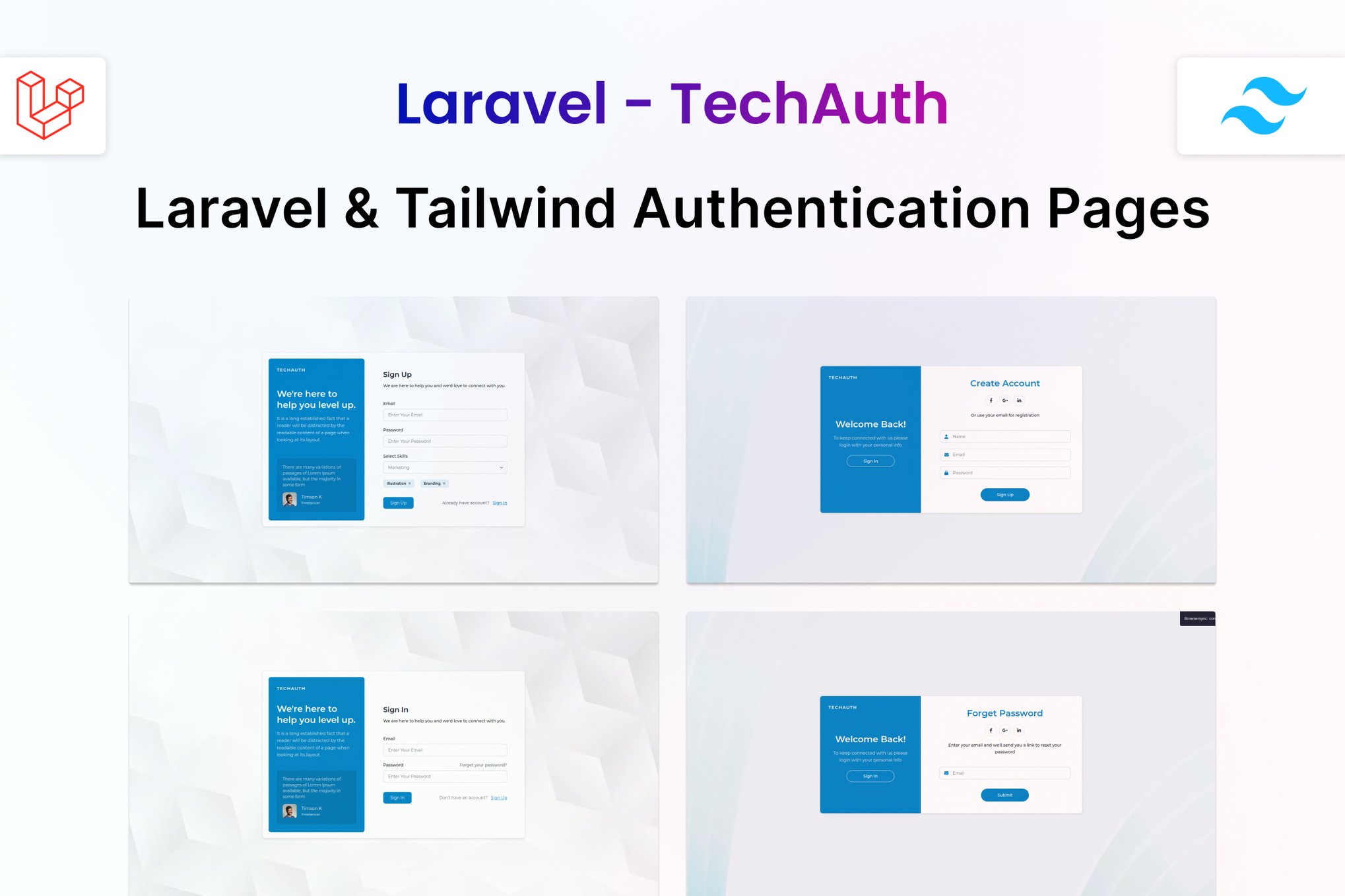 Imagen de portada de TechAuth - Laravel Auth Pages Tailwind Template (plantilla web)