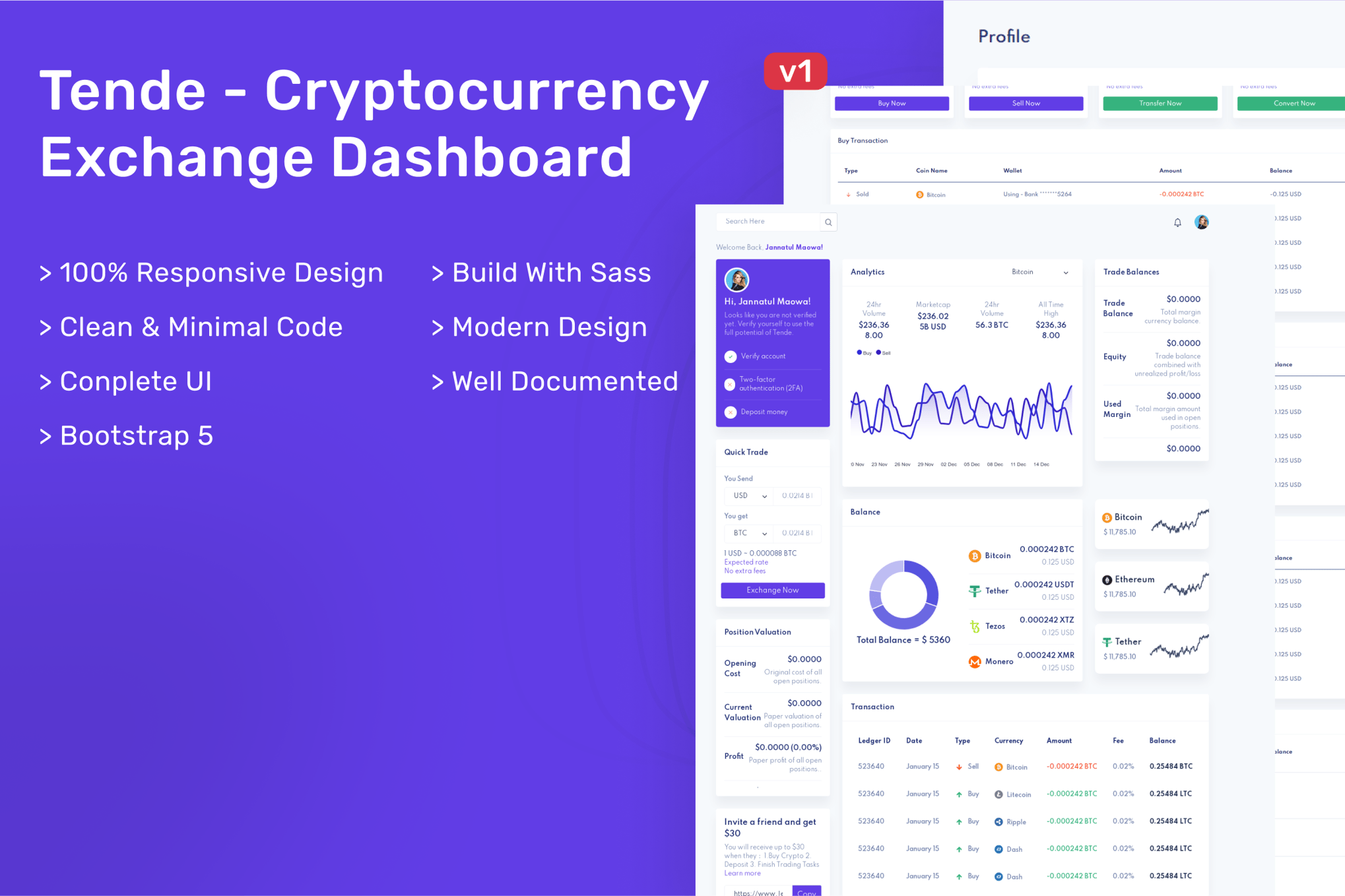 Imagen de portada de Tende - Cryptocurrency Exchange Dashboard (plantilla web)