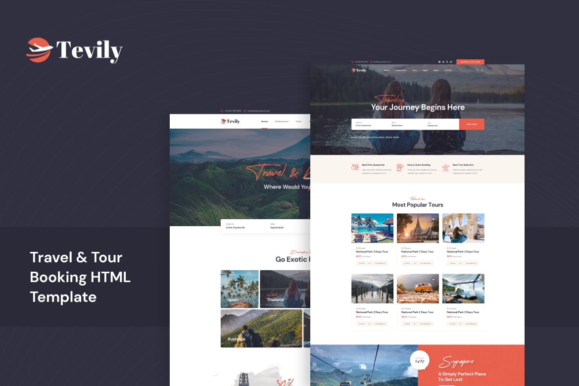 Imagen de portada de Tevily - Travel & Tour Agency HTML Template (plantilla web)