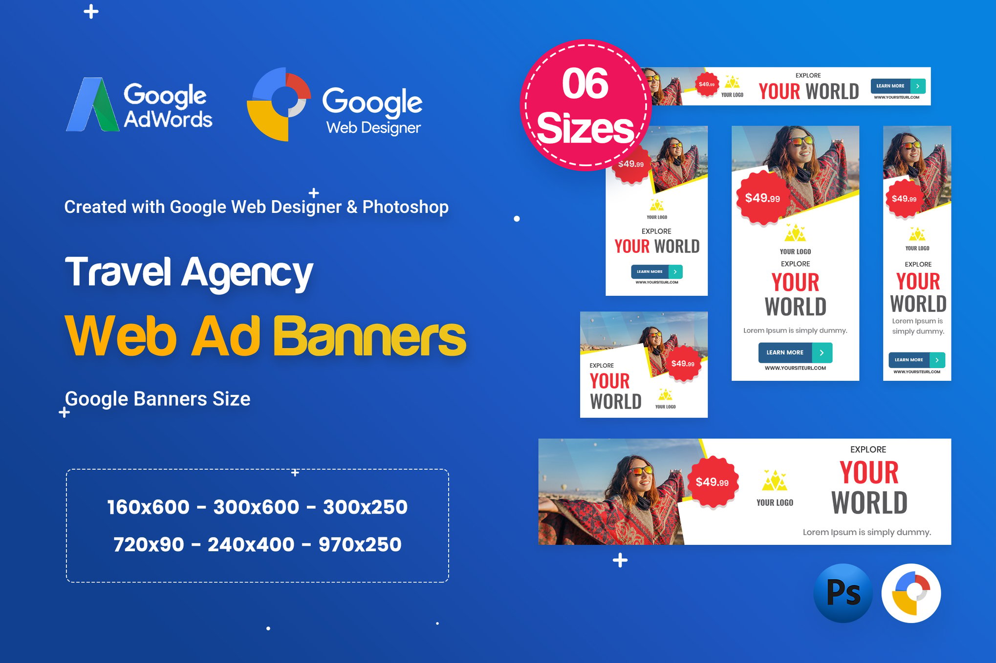 Imagen de portada de Travel Agency Banners HTML5 D56 Ad - GWD & PSD (plantilla web)