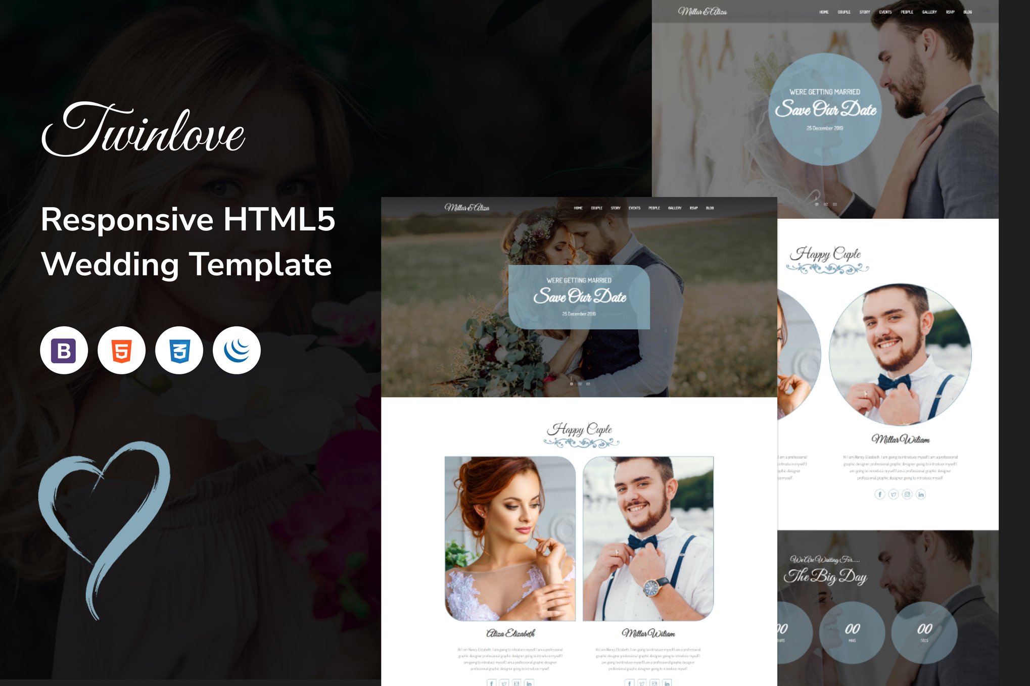 Imagen de portada de Twain Love - Responsive HTML5 Wedding Template (plantilla web)